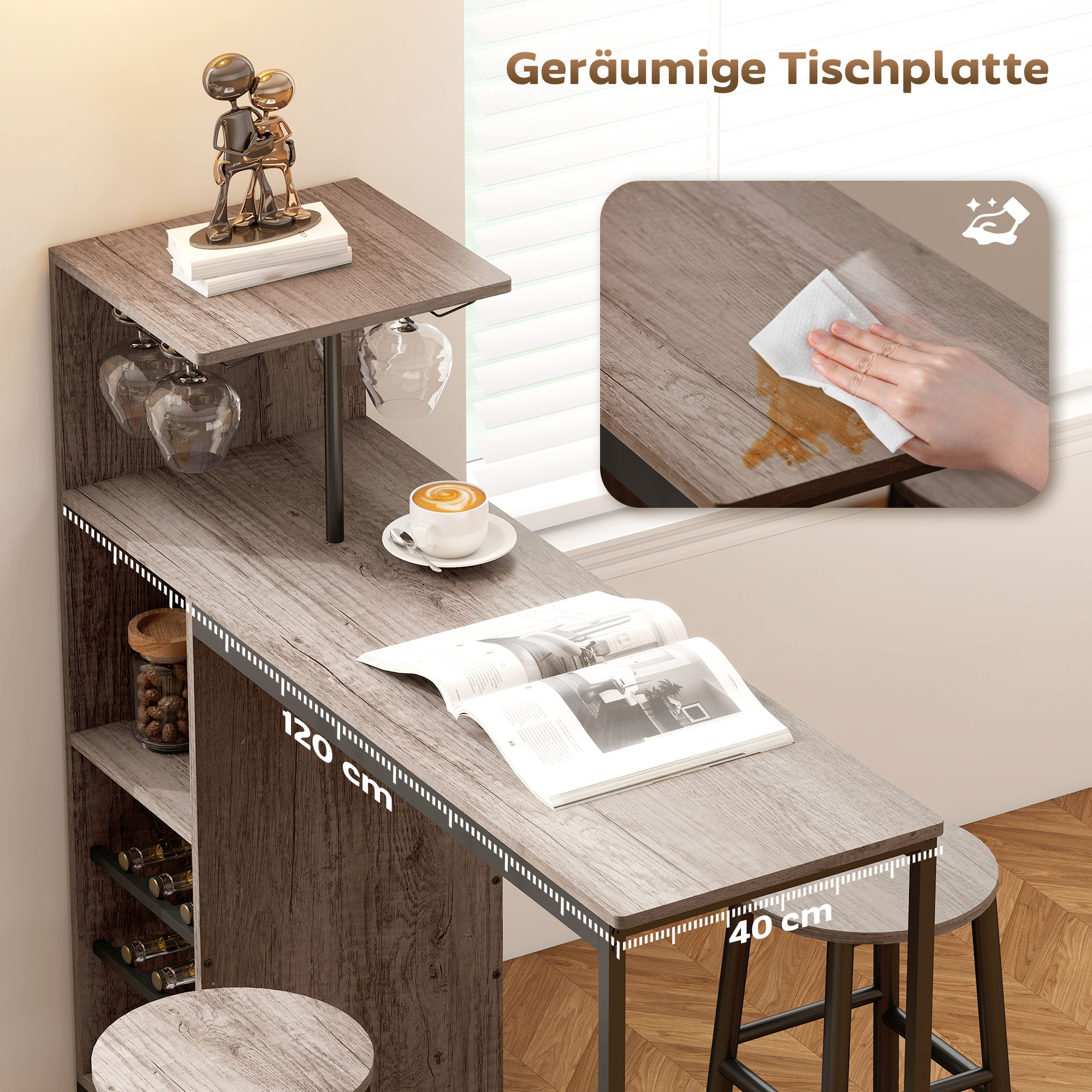 3-tlg. Bartisch-Set mit Stauraum, Weinregalen, Glashaltern, Hockern mit Fußstütze, für kleine Räume, Grau
