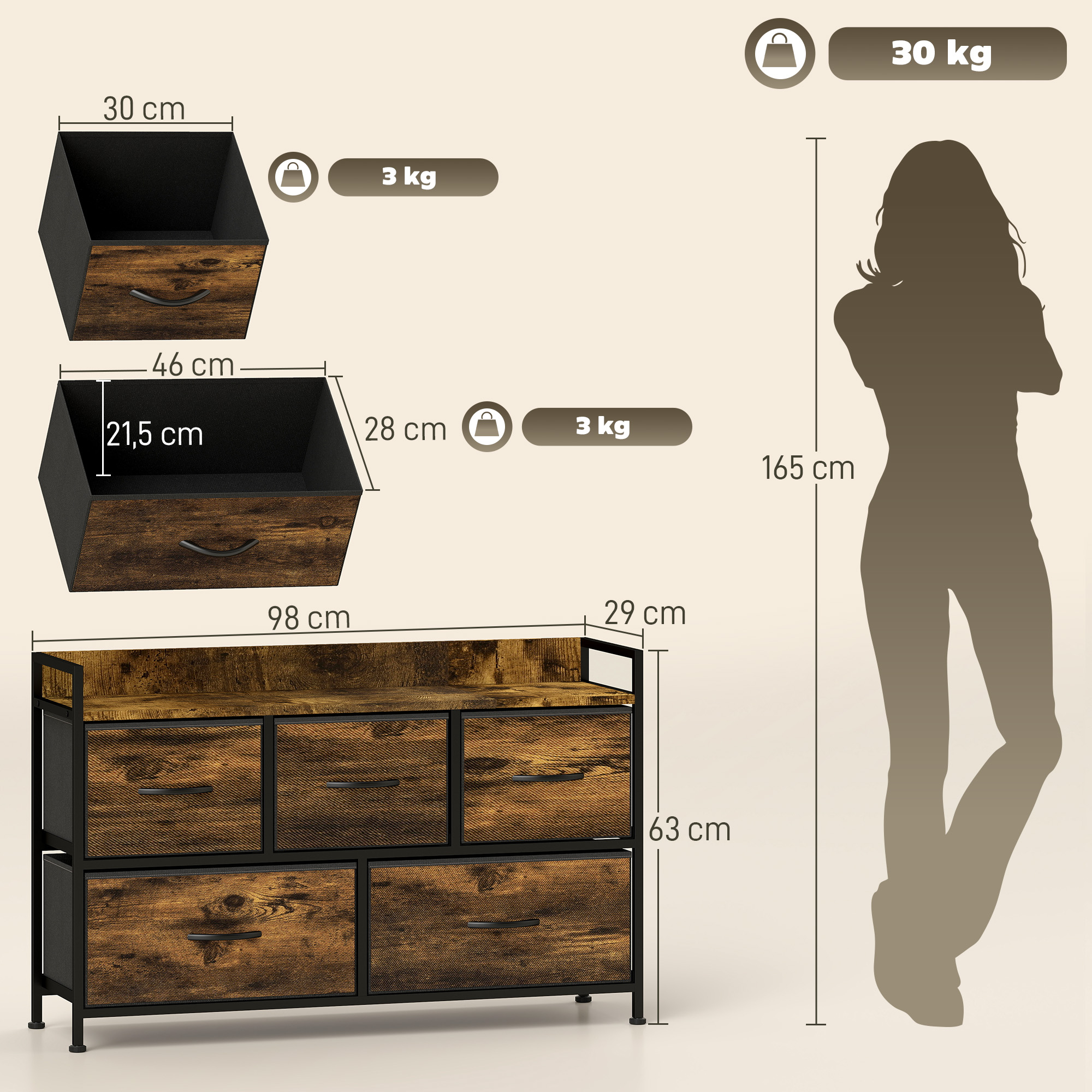 Kommode mit faltbaren Stoffschubladen, Melaminholz, Stahlrahmen, Braun