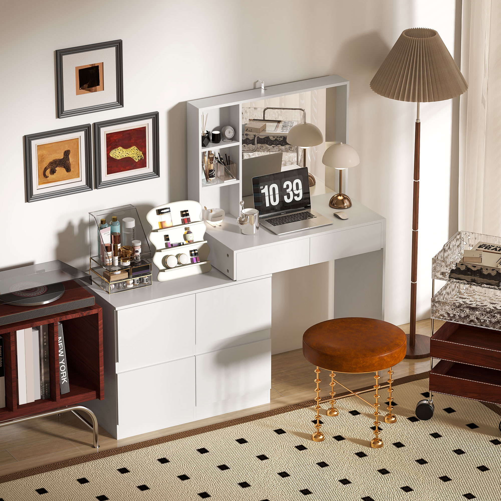 Schminktisch, Make-up-Tisch mit großem Spiegel, 4 Schubladen, 3 offene Fächer, 2 Schränke, MDF, Weiß