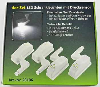 LED Schrankleuchte, 4er-Set, Batteriebetrieb, Drucksensor für Türen