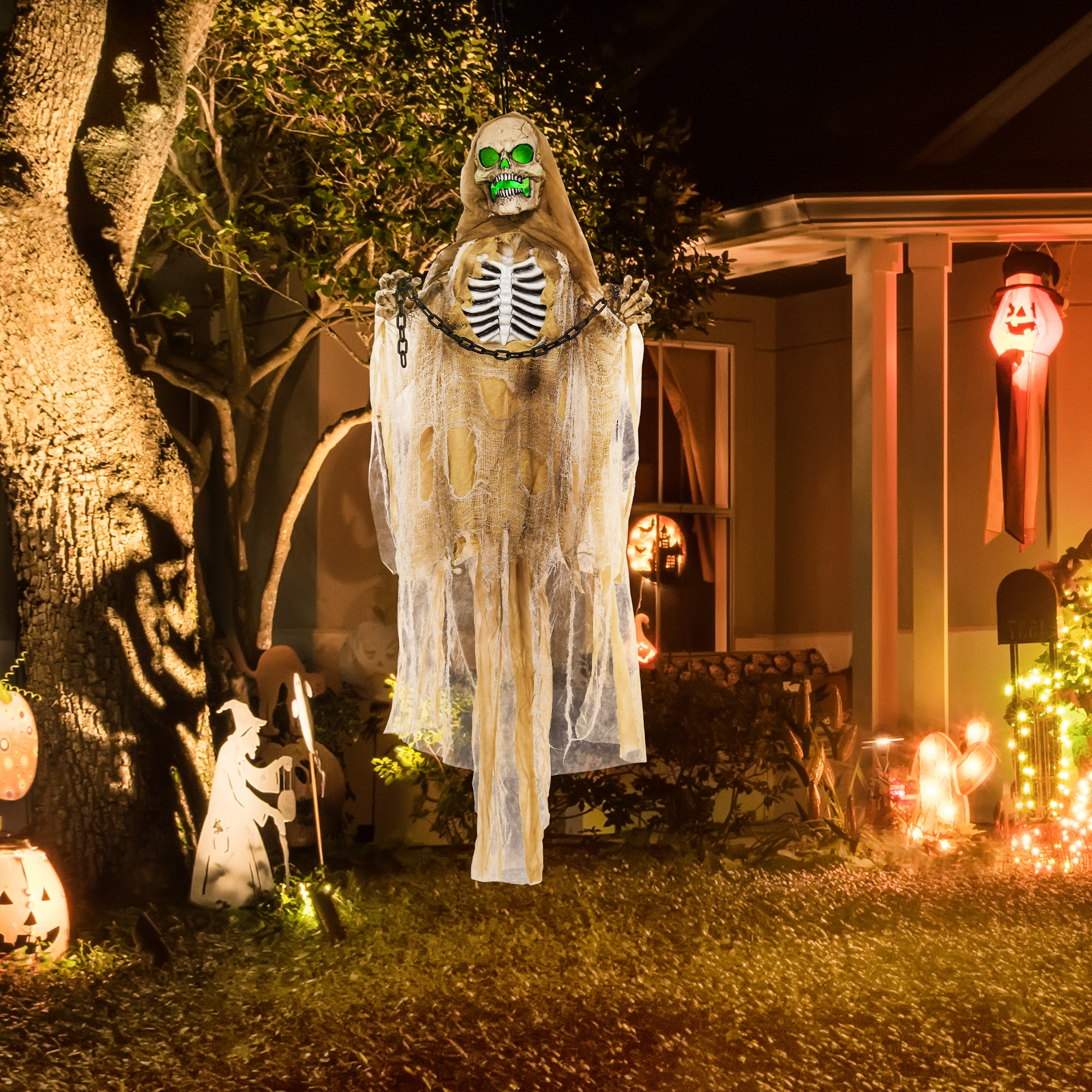 Halloweendekoration, Hängendes Skelett, leuchtender Kopf, unheimliches Heulen, biegsame Arme, Khaki