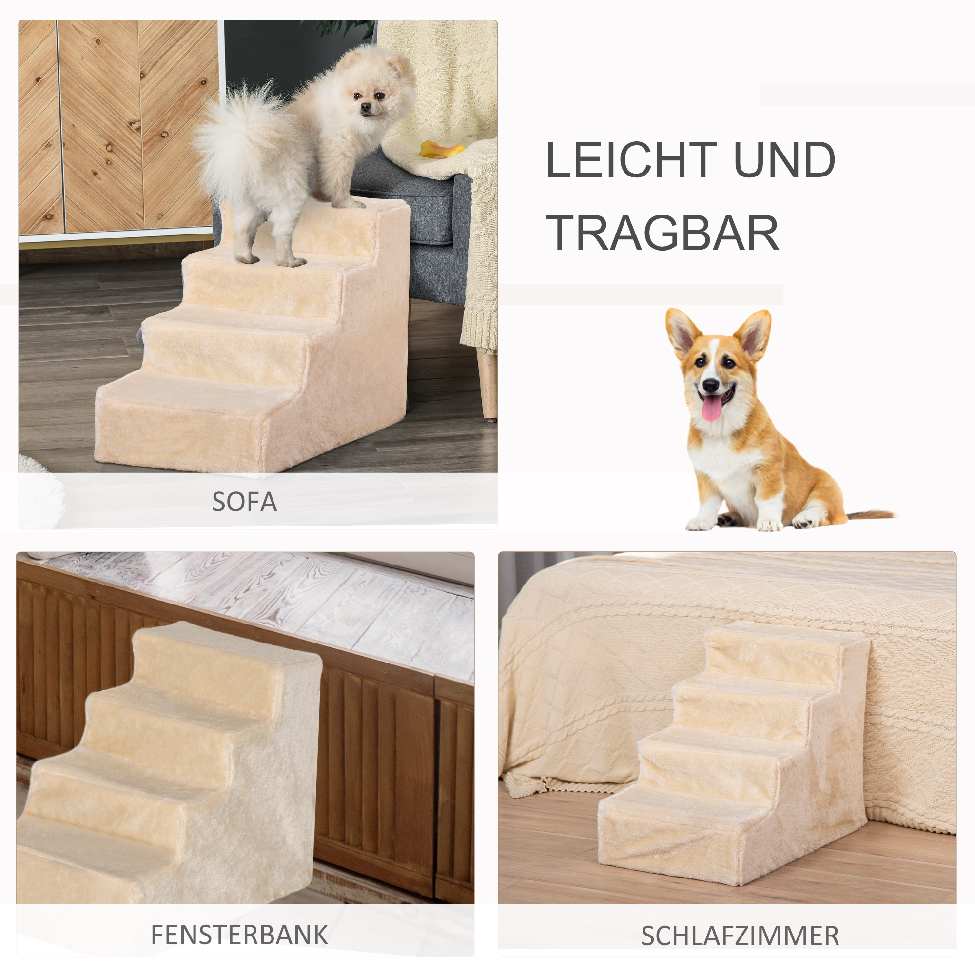Hundetreppe 4-stufig, 35 cm Katzentreppe für Bett und Sofa, Haustiertreppe für Hunde und Katzen bis 5 kg, Plüschoptik, Beige
