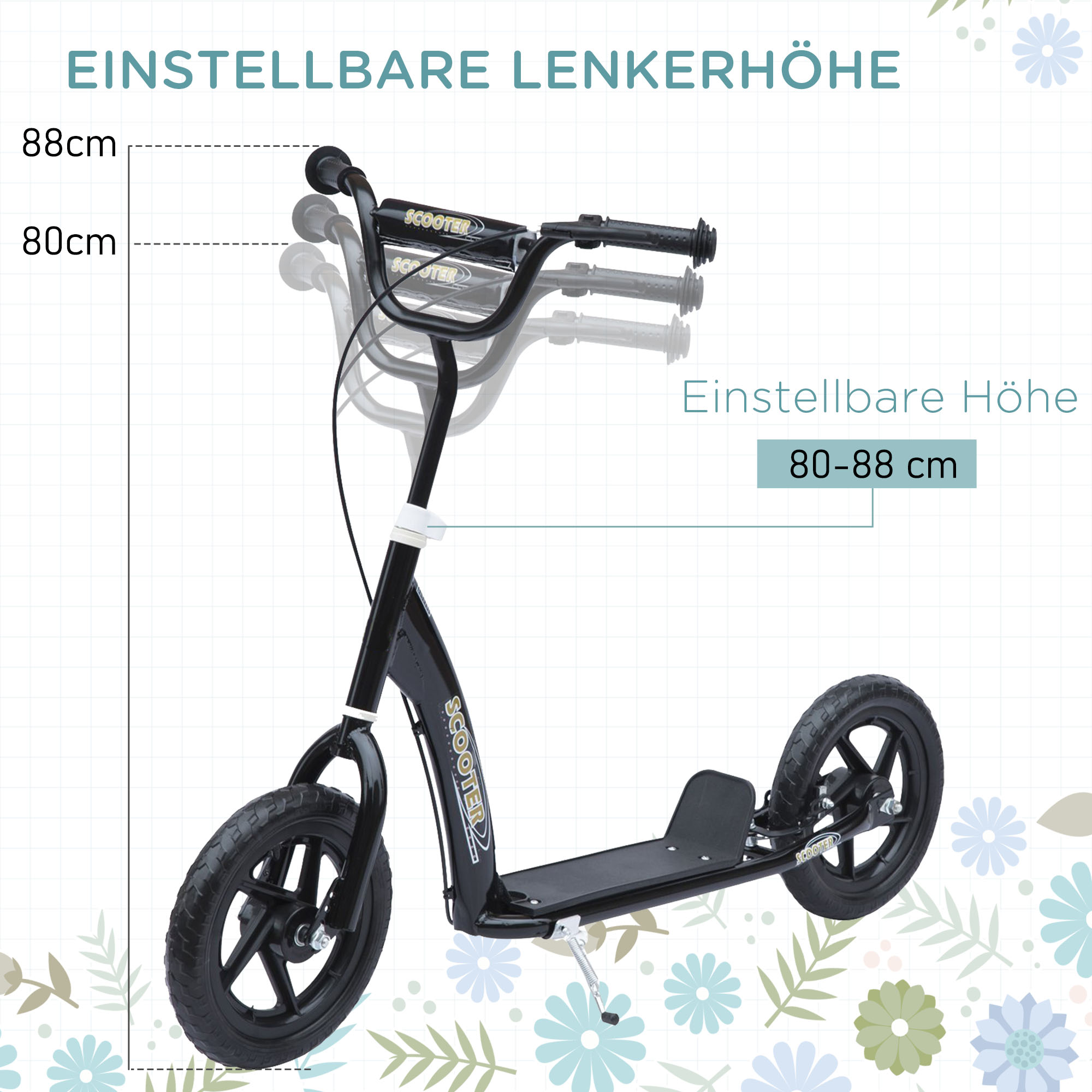 Kinderroller mit Hinterbremse Kickscooter 12 Zoll Tretroller Roller Scooter Cityroller für Kinder Kickboard Höhenverstellbar Stahl EVA Schwarz 120 x 52 x 80-88 cm
