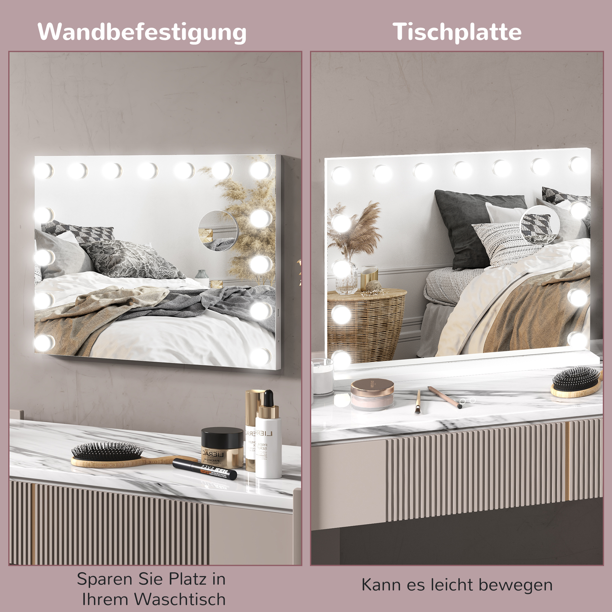 LED-Kosmetikspiegel, 3 Lichtmodi, dimmbar, Touch-Steuerung, USB, 58x48cm, Weiß