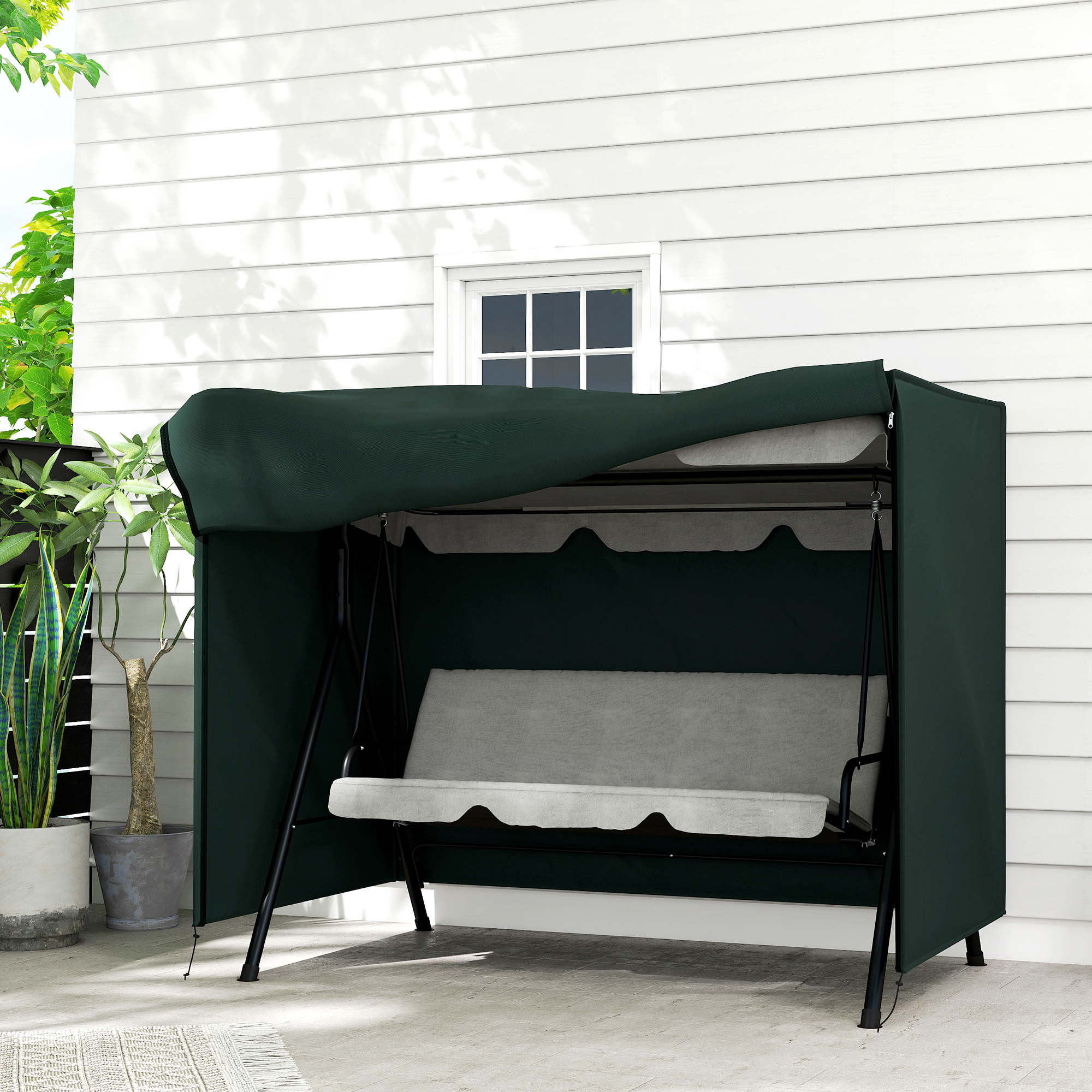 Hollywoodschaukel Abdeckung 3 Sitzer, Wasserabweisend Winterfest Schutzhülle für Gartenschaukel, UV-Beständig Abdeckplane, Abdeckhaube, Reißfest 600D Oxford Gewebe, 205x124x164cm Dunkelgrün
