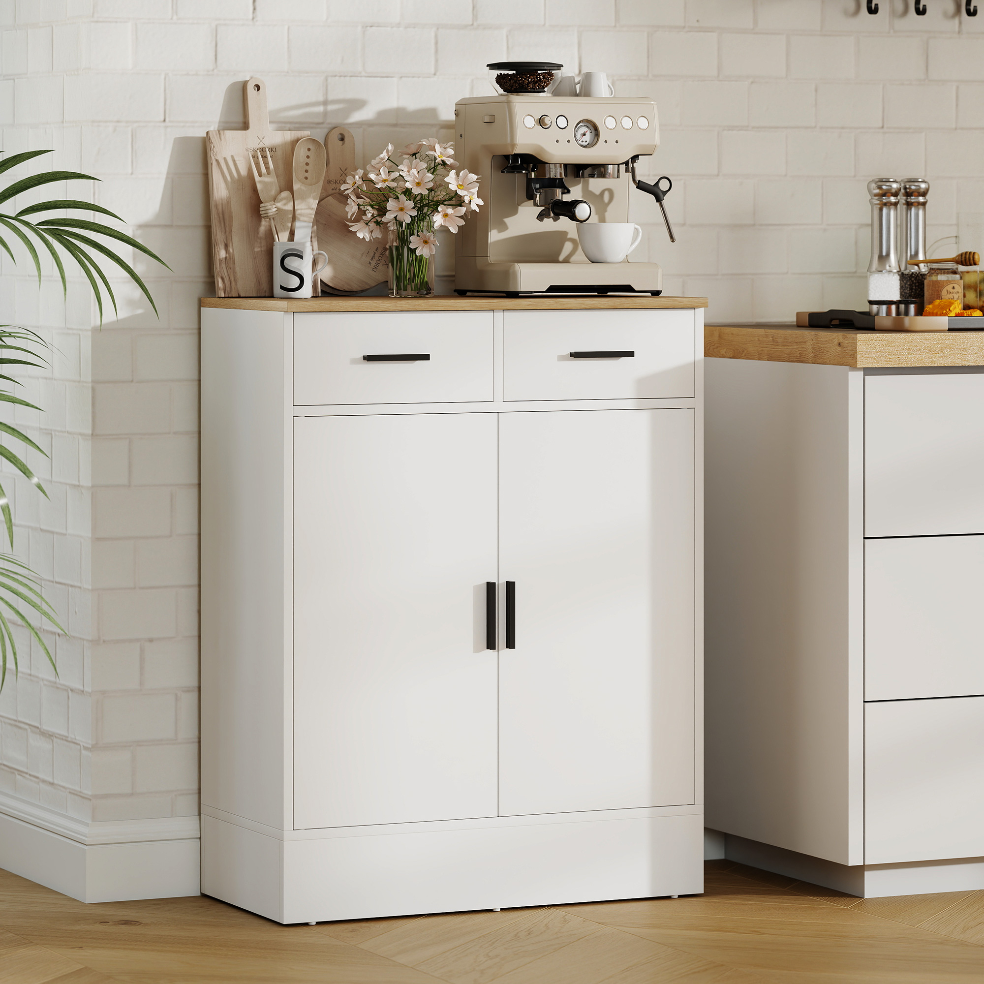 Sideboard mit Stauraum, Kommode mit 2 Schubladen, verstellbares Regal, für Küche, Wohnzimmer, Flur, Naturholz, Weiß