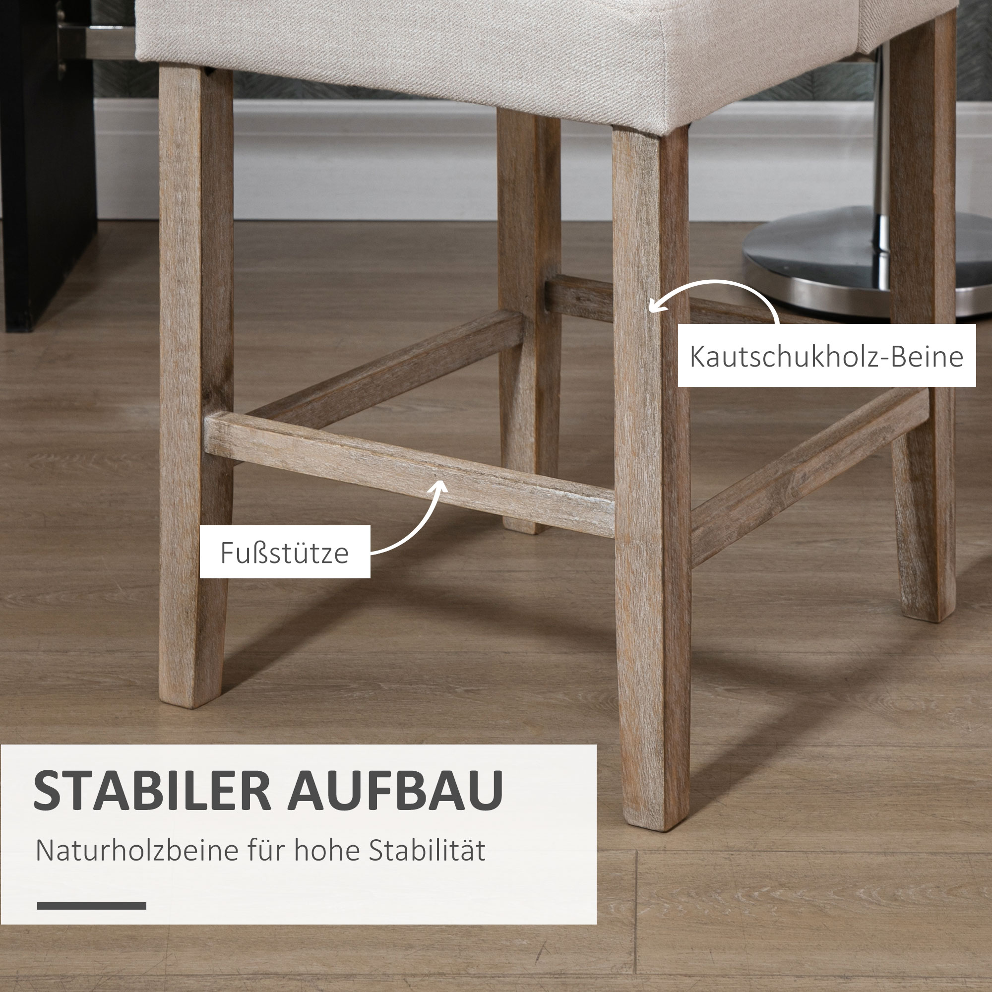 2er-Set Barhocker mit lehne Barstühle mit Knopfheftung, Massivholz, inkl. Fußstütze, 47 cm x 50 cm x 101 cm, Grau + Natur