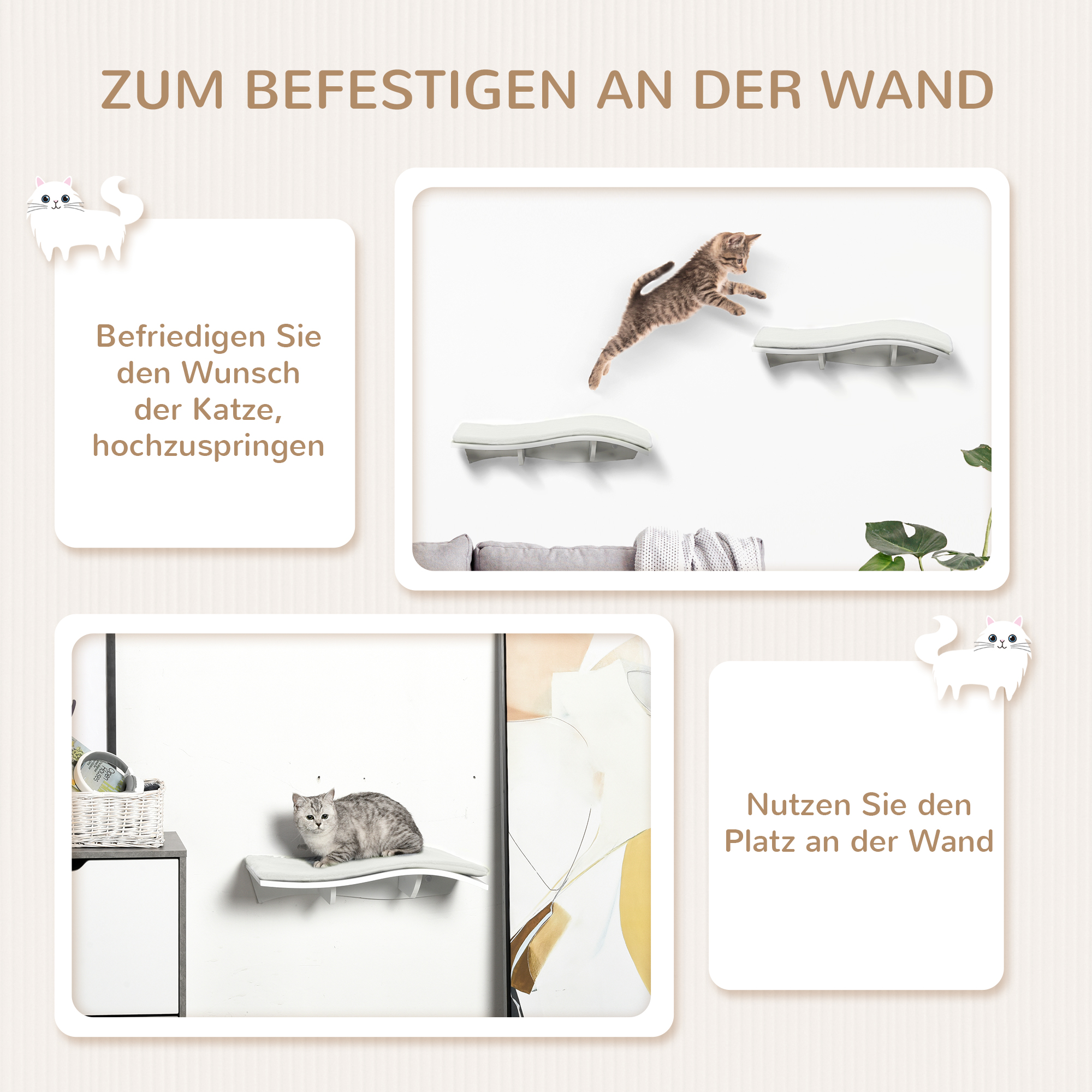 Katzen Kletterwand Katzenhängematte Katzenbett Wand Katzenregal Wandmontage Katzenmöbel Plüsch MDF Weiß 53 x 28 x 12 cm