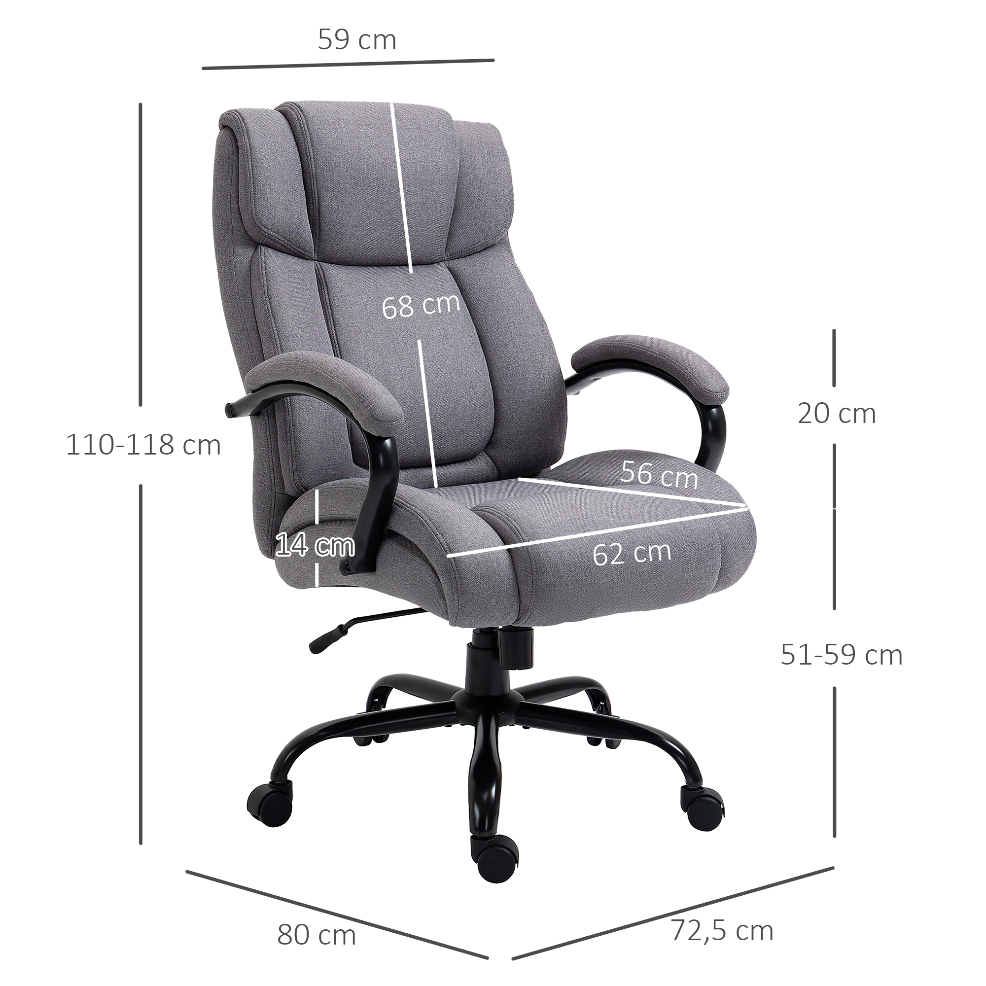 Bürostuhl, ergonomischer Chefsessel bis 220 kg belastbar, gepolsterter Schreibtischstuhl mit Armlehne, breiter Sitz, höhenverstellbarer Drehstuhl mit Wippfunktion, Leinenoptik, hellgrau