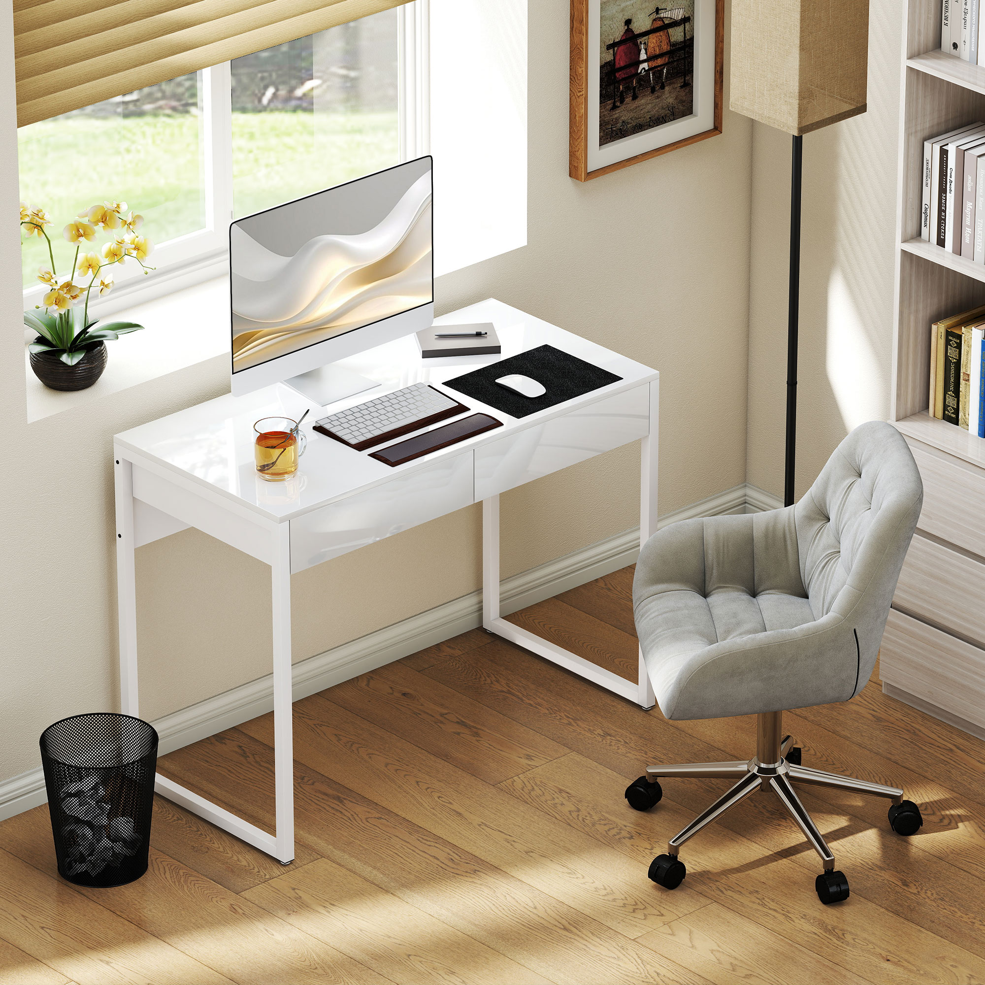 Schreibtisch 100 x 50 cm Computertisch Bürotisch mit 2 Schubladen, für kleine Räume, Weiß