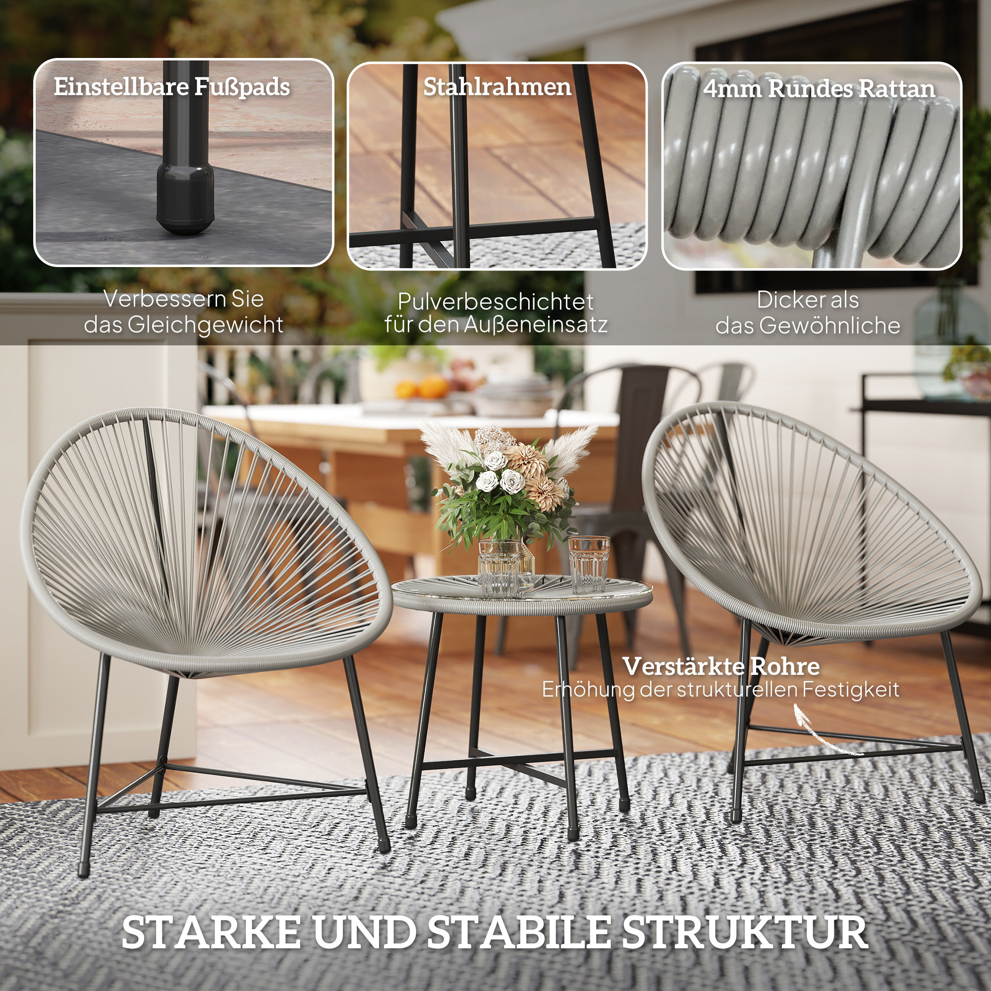 3-teiliges Gartenmöbel-Set, 2 Kunststoffrattan-Stühle, 1 Tisch mit Glasplatte, Stahlrahmen, Outdoor-Sitzmöbel, Grau