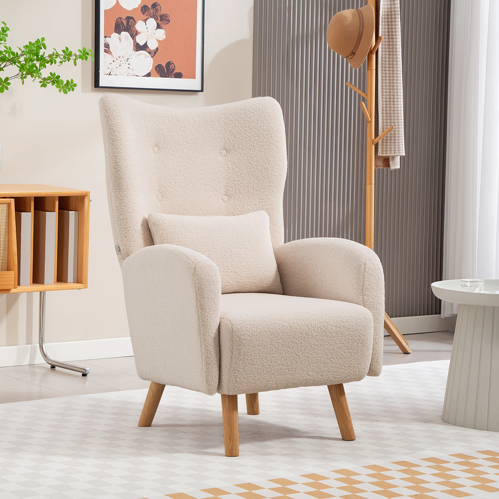 Akzentstuhl, Polstersessel mit Plüschbezug, Schaumstoffkissen, Ohrensessel, Beige