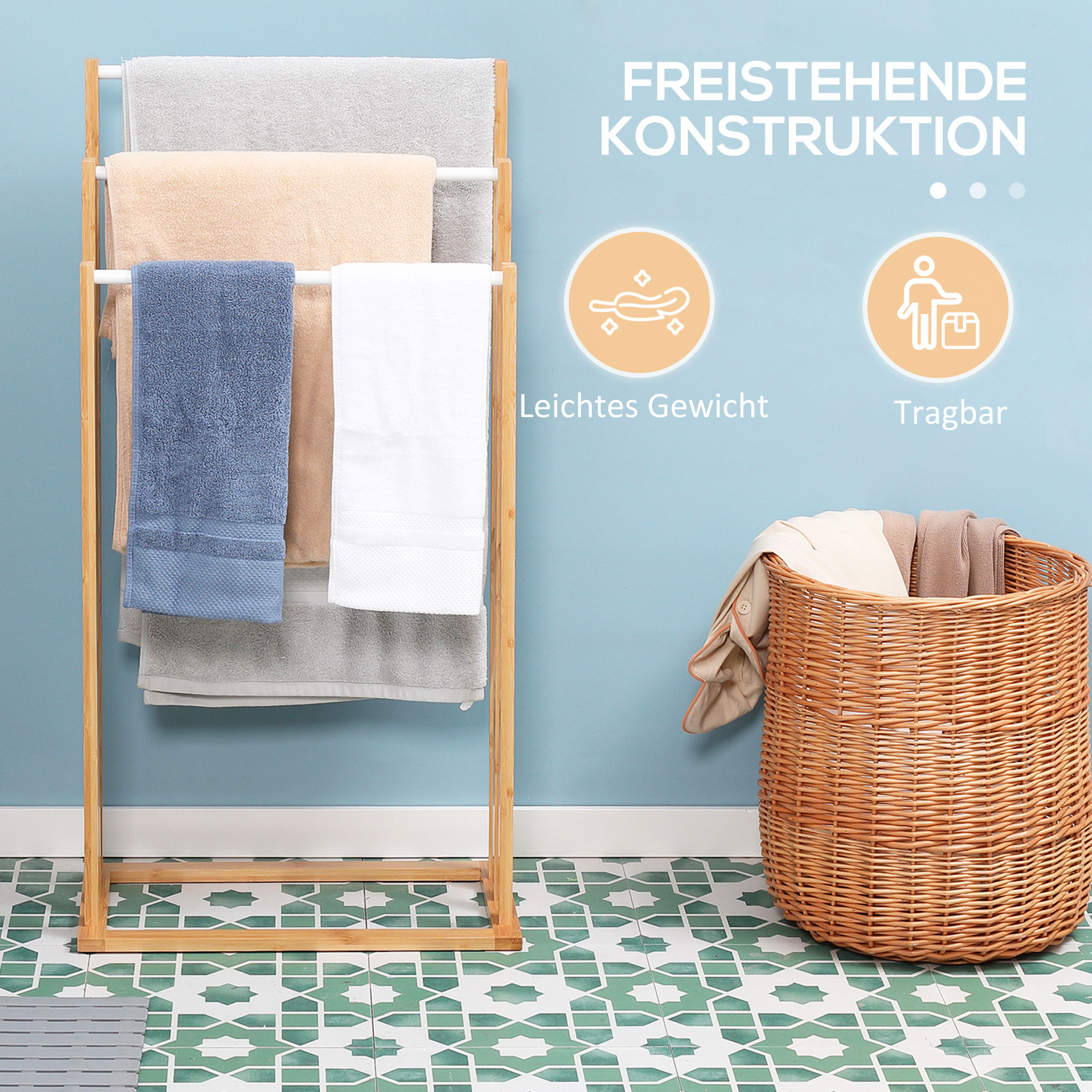 Handtuschständer aus Bambus. 3-teiliges Design, 3 Handtuchstangen 48 cm x 25,8 cm x 94 cm, Natur + Weiß