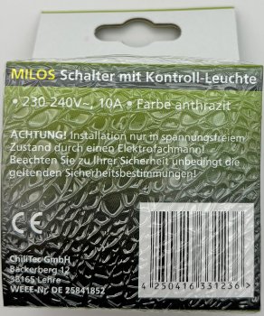 MILOS Kontroll-Schalter mit Lämpchen / 250V~/ 10A, inkl. Rahmen, UP, Anthrazit