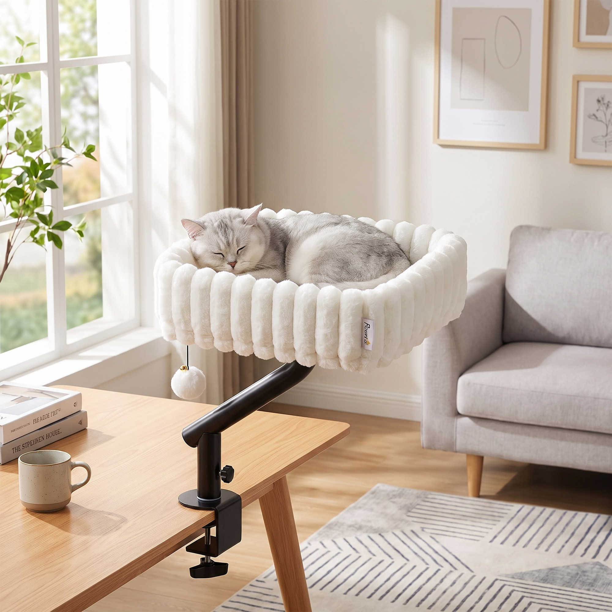Katzen-Schreibtischbett, Katzenbett für Schreibtisch mit 360°Drehung, Hängeball verstellbare Klemme für Katze unter 6 kg