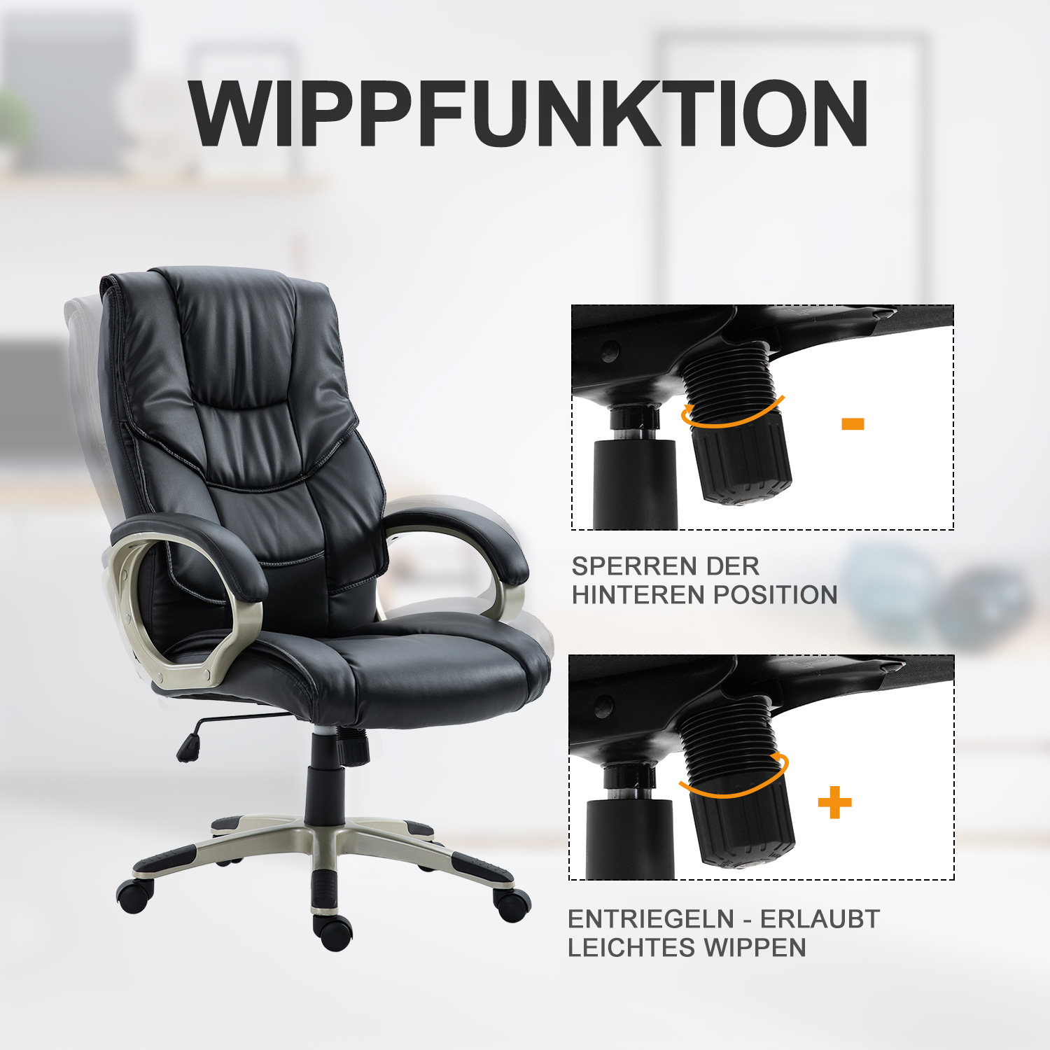 Bürosessel Chefsessel mit Wippfunktion Bürostuhl Schreibtischstuhl Ergonomischer Drehstuhl Sportsitz Hoher Rückenlehne Schwarz Kunsterleder Metall 70 x 58 x 114–124 cm