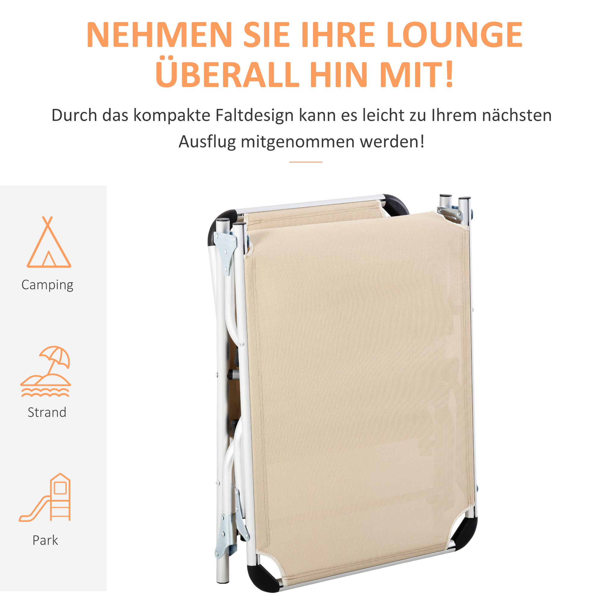 Sonnenliege faltbar Gartenliege mit Kopfkissen ergonomisch Relaxliege mit 4-stufig verstellbaren Rückenlehne Alu bis 120 kg belastbar für Garten, Terrasse, Pool, , Strand,Beige