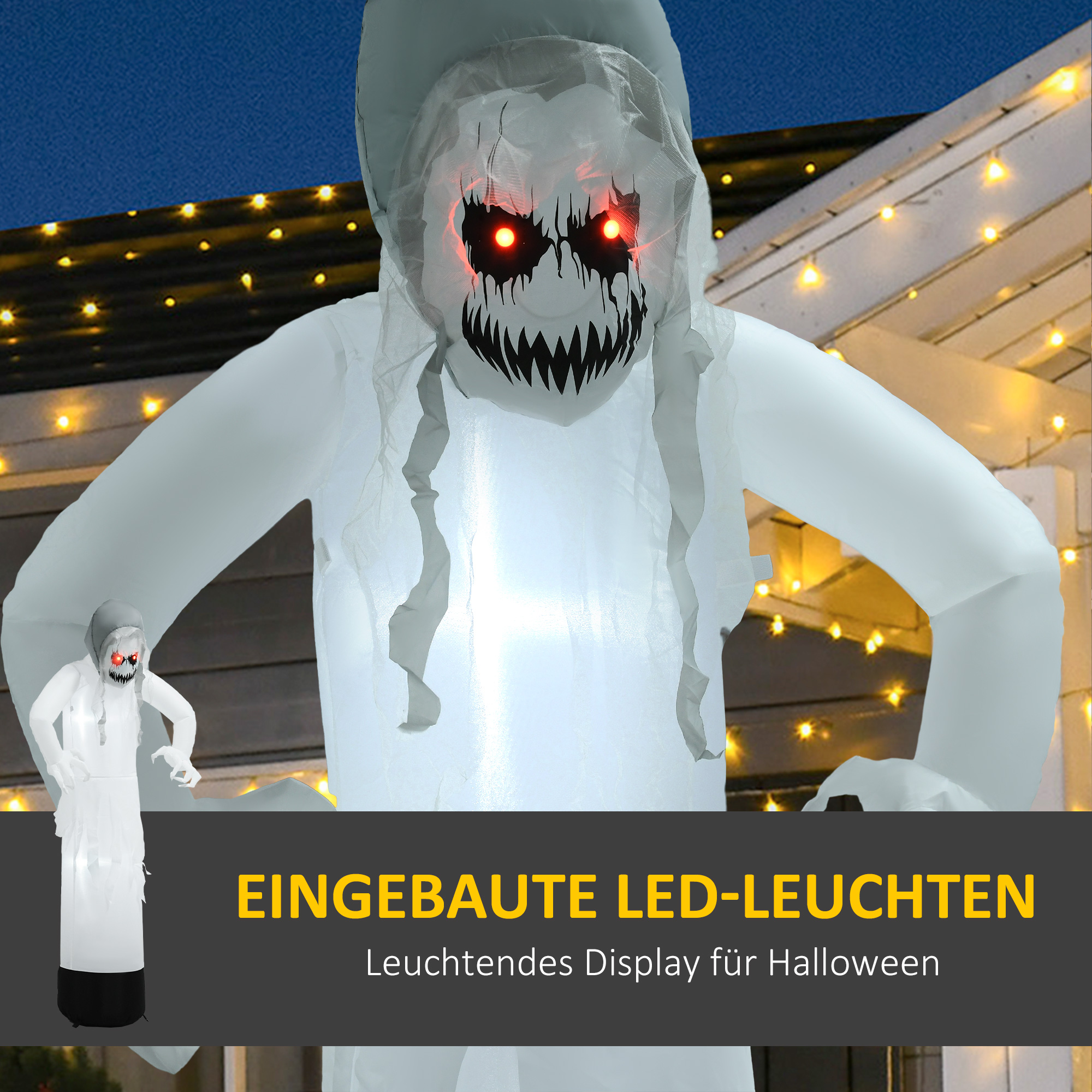 Halloweendeko, Geisterhexe mit roten Augen, aufblasbar, LEDs, Outdoor-tauglich, 180 cm, Weiß