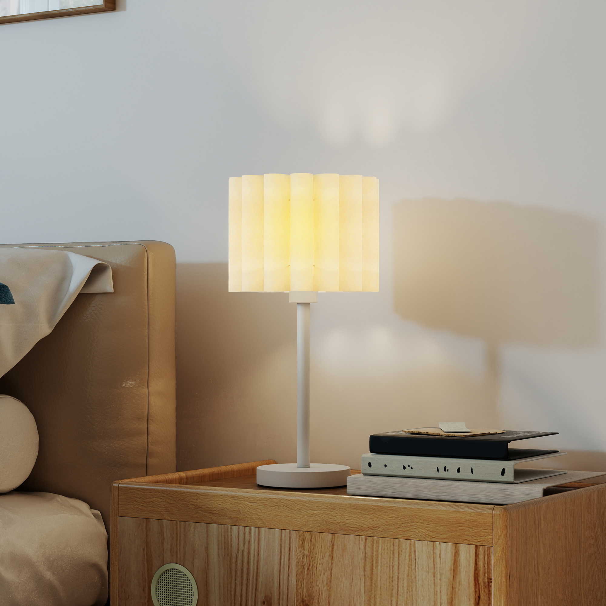 Tischlampe im Retro-Stil, Nachttischlampe, Kunststoff-Schirm, Knopfschalter, Weiß