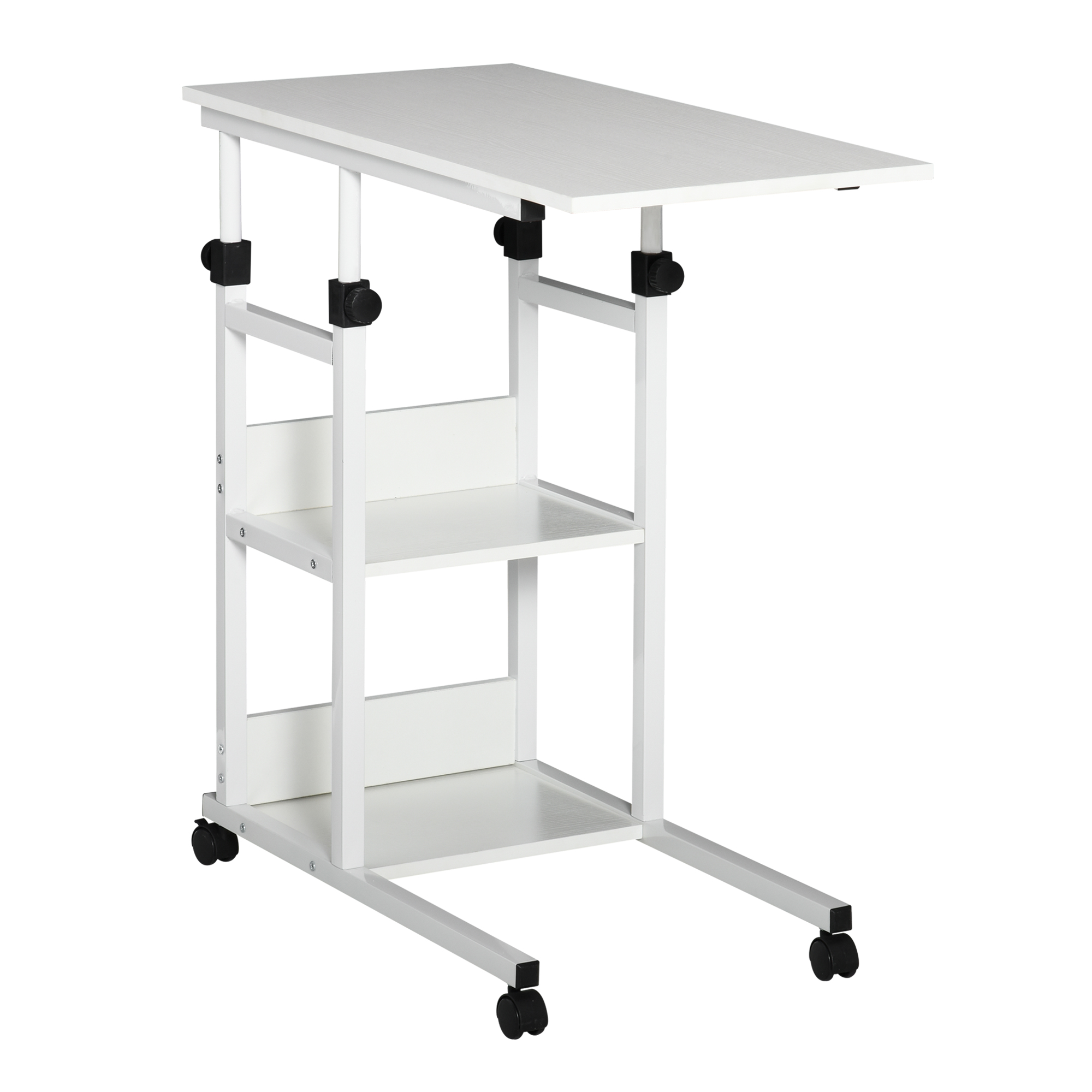 Beistelltisch mit Rollen, höhenverstellbar, kompakt, 2 Ablageböden, Metallrahmen, 80x40x72-82 cm, Weiß Beistelltisch mit Rollen, höhenverstellbar, kompakt, 2 Ablageböden, Metallrahmen, 80x40x72-82 cm, Weiß