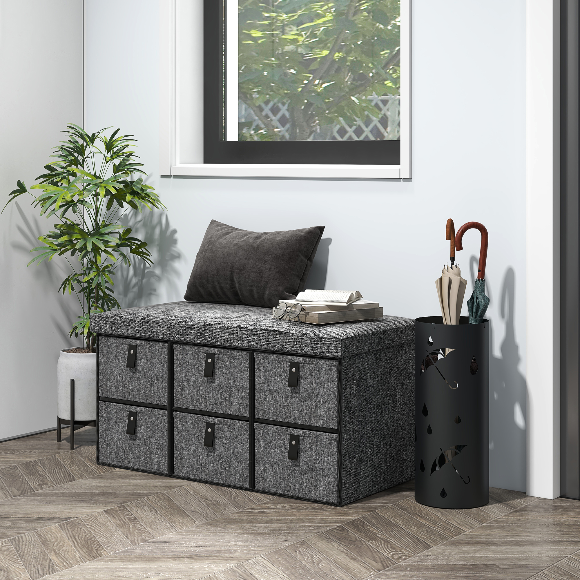 Gepolsterte Schuhbank, 6 Schuhfächer, MDF-Rahmen, Leinenoptik, Grau