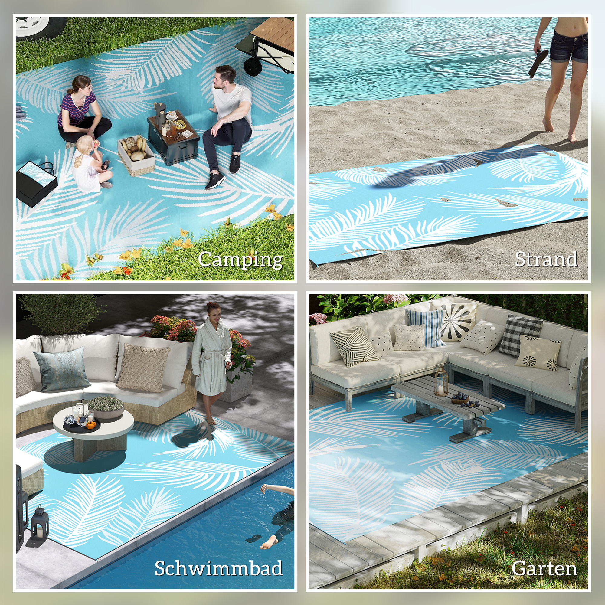 Outdoor Teppich wendbarer robuster Wetterfest Outdoorteppich mit Tragetasche Bodenankern 274 x 182 cm Hellblau+Weiß