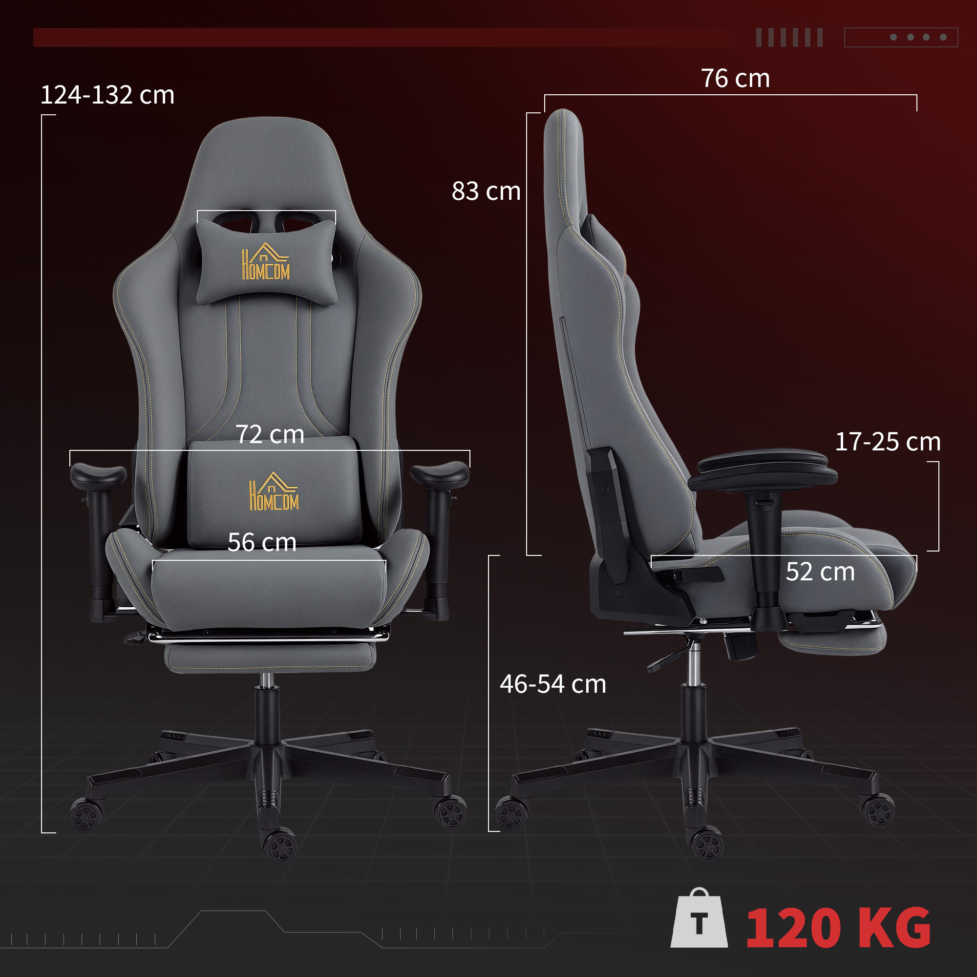 Ergonomischer Gaming-Stuhl mit 3D-Armlehnen, verstellbar, rollbarer Schreibtischstuhl mit Lendenstütze, Grau