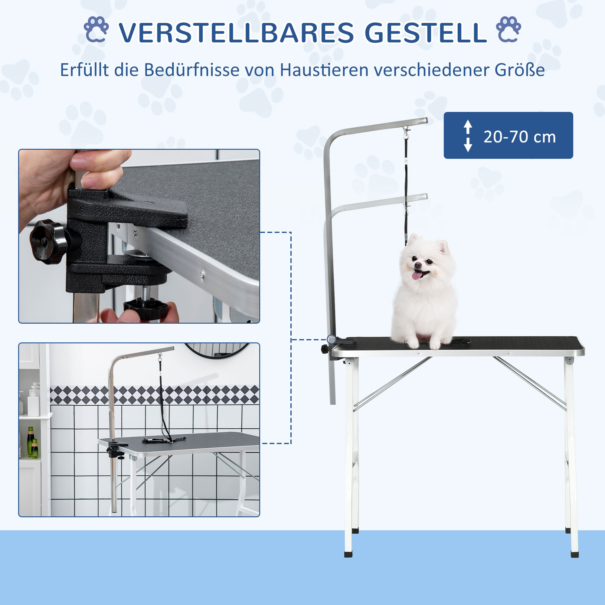 Trimmtisch für Hunde Hundepflegetisch klappbar, Haustierpflegetisch mit höhenverstellbarem Galgen, Schlingen, rutschfest Oberfläche, Schertisch bis 150 kg, 91,5 x 61,5 x 76 cm, Schwarz