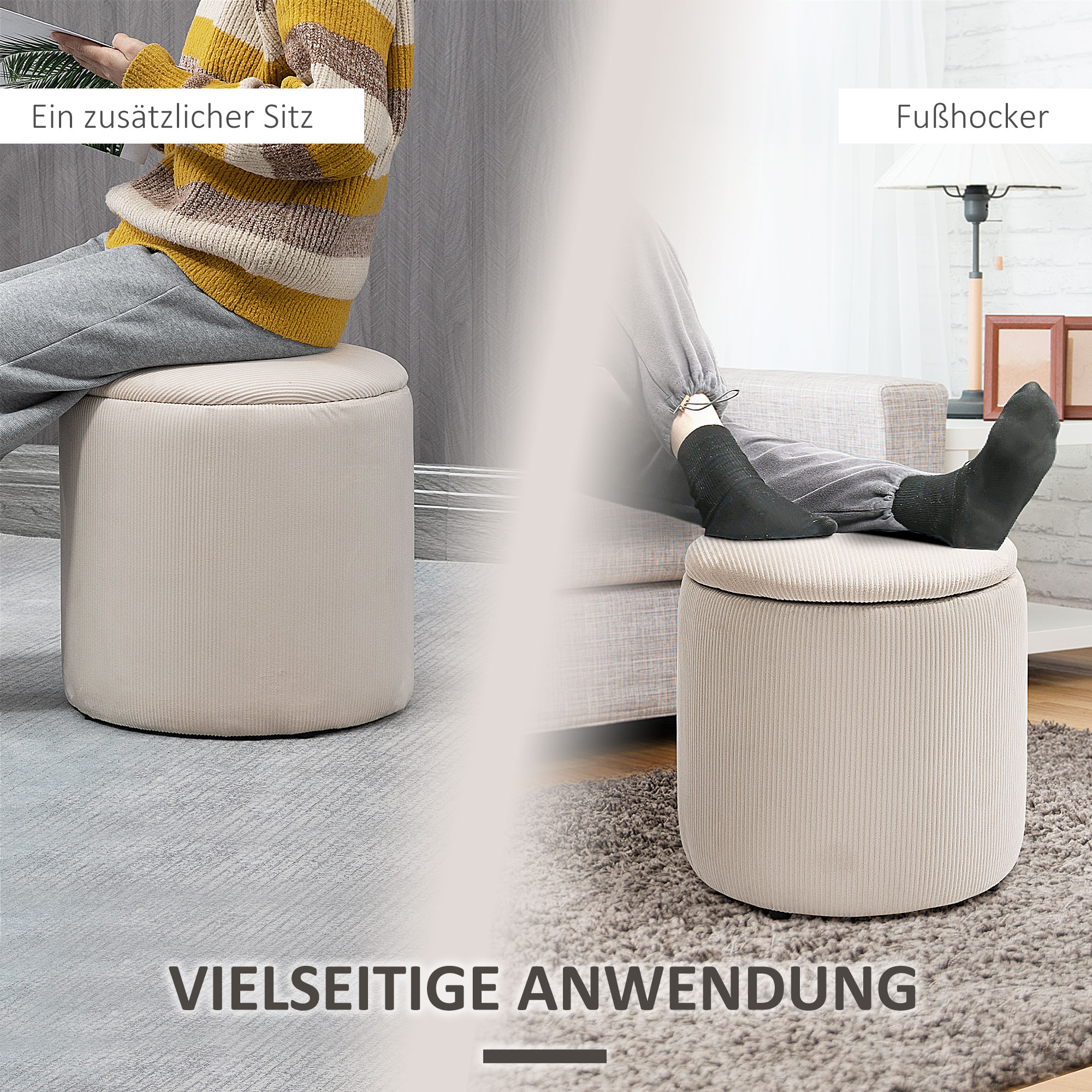Hocker Ottomane, Zweier-Set, mit Stauraum, weiche Polsterung, Bezug in Cordoptik, Cremeweiß, 40 x 40 x 41cm