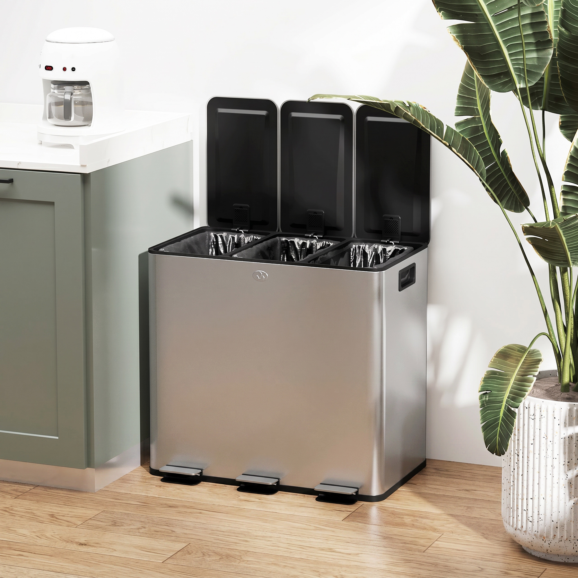Mülleimer mit 3 x 20 L Fächern, Deodorant-Deckel, fingerabdrucksicher, Soft-Close, herausnehmbar, Silber