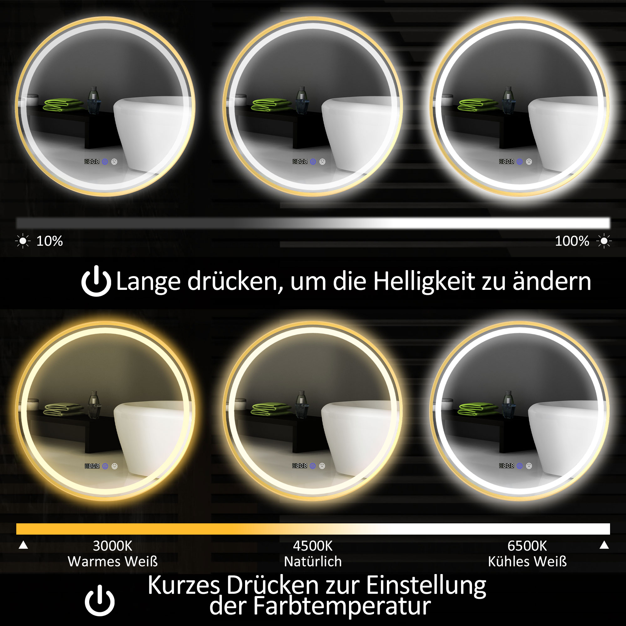 Runder Badezimmerspiegel mit LED-Lichtern, Badspiegel mit Anti-Beschlag-Funktion, Touch-Bedienung, Display
