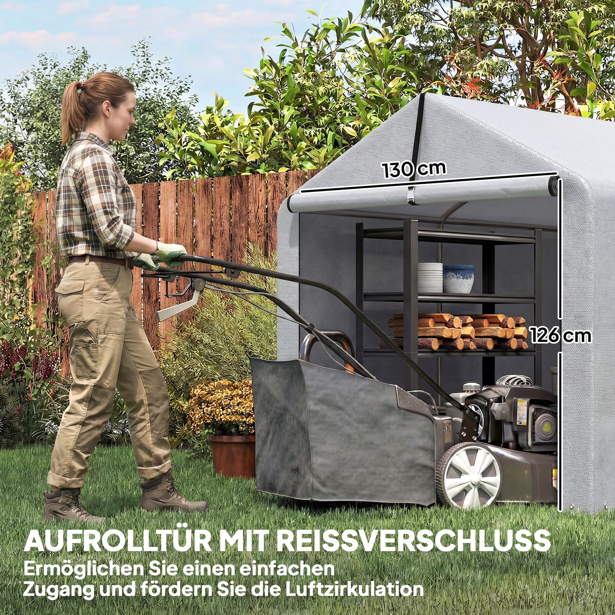 Garagenzelt 2,2 x 1,6 m Wasserdicht Gerätezelt mit Rolltür Satteldach Stahlrahmen, UV-beständig Hellgrau