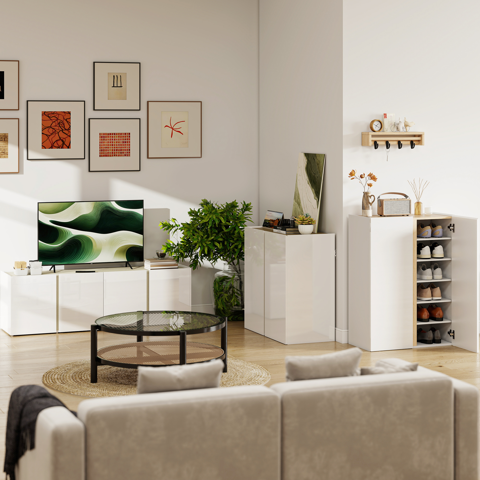 TV-Kommode für 65-Zoll-Fernseher, Fernseh-Schrank mit Soft-Close-Türen, anpassbare Regale, Kabellöcher, für Wohnzimmer, Weiß