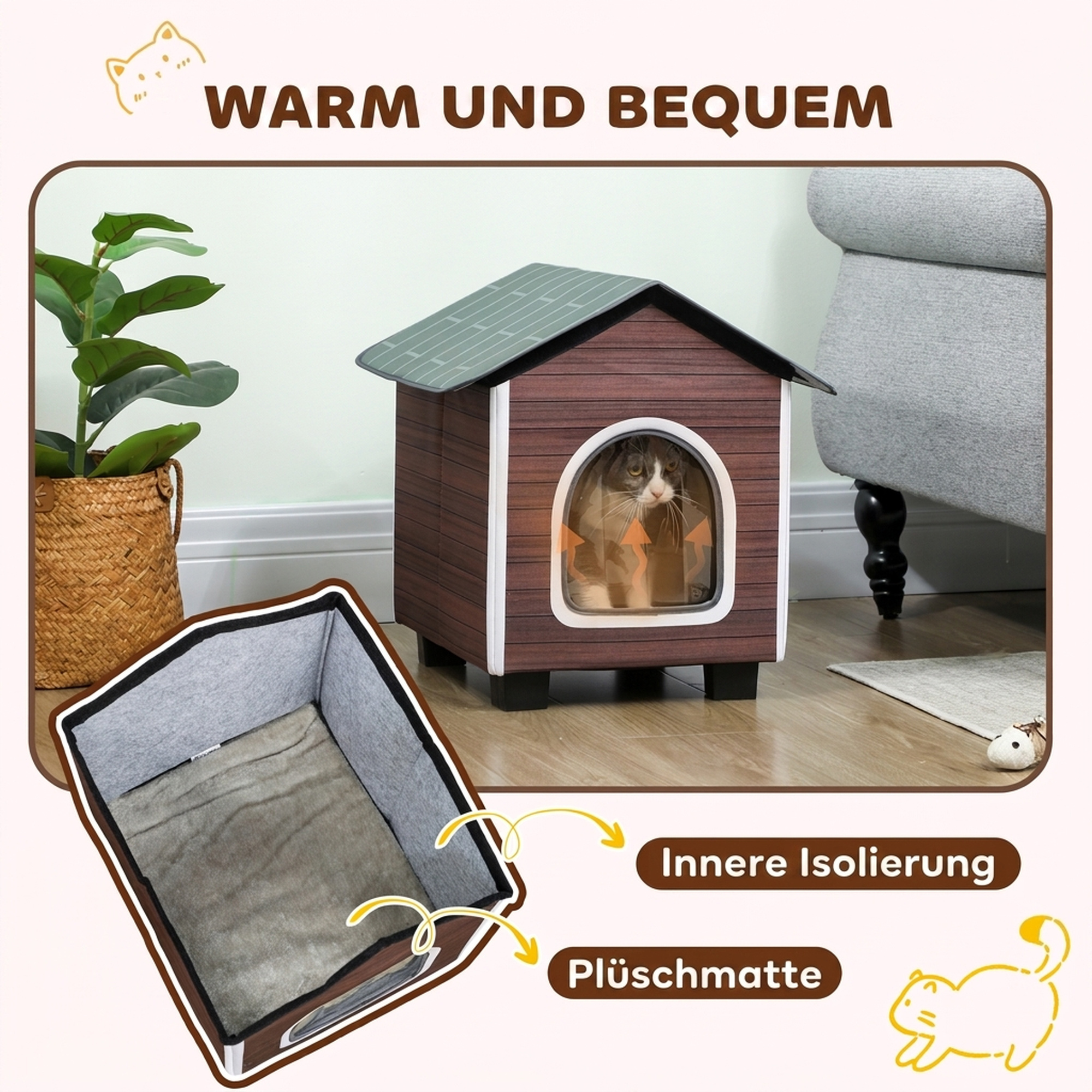 Katzenhaus isolierte Katzenhütte mit Kissen Eingang 44 x 42 x 45cm Wasserabweisend Oxford-Stoff Erhöht