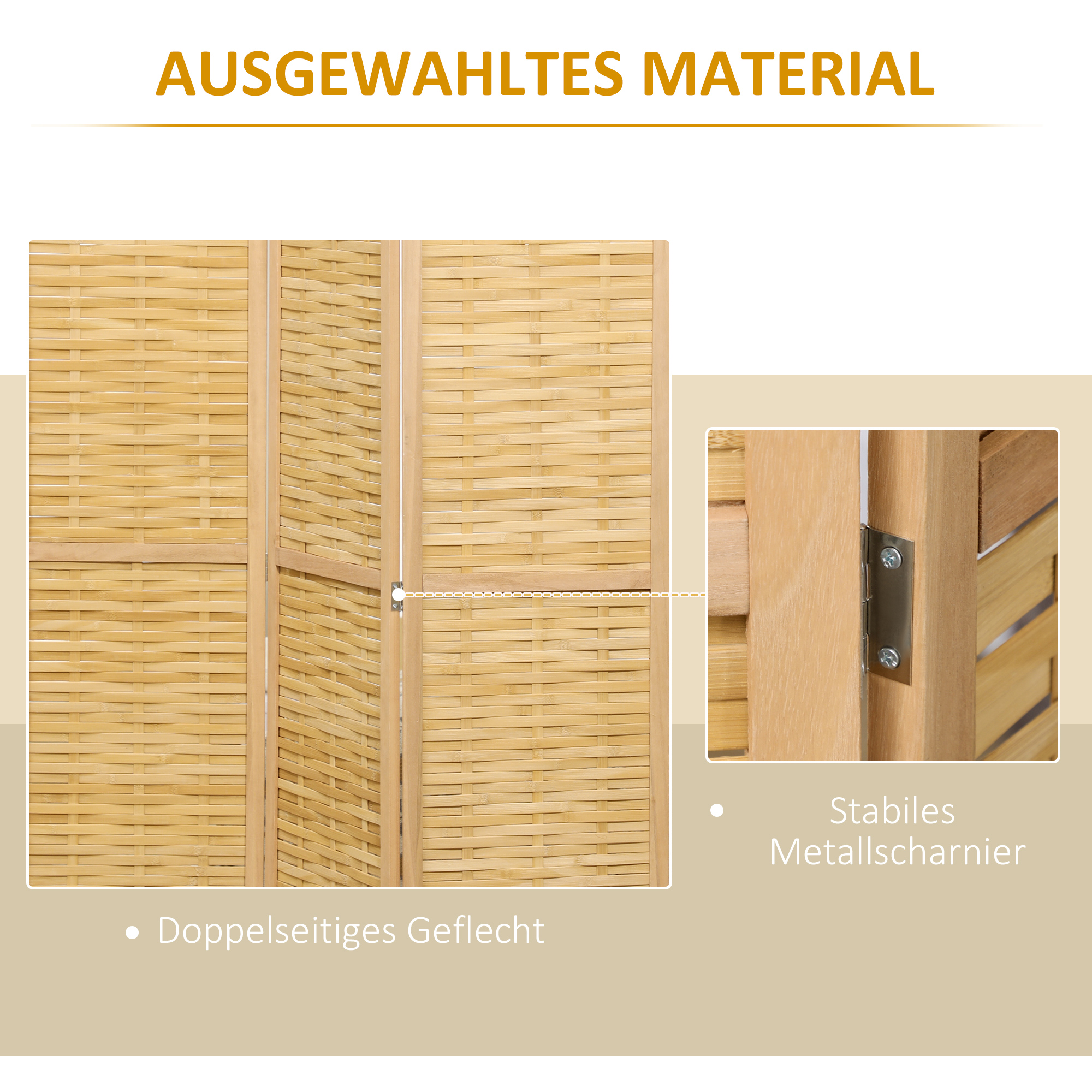 Raumteiler Klappbare Trennwand Sichtschutz, Bambus, 3-teilig, 120 cm x 170 cm x 1,8 cm, Natur