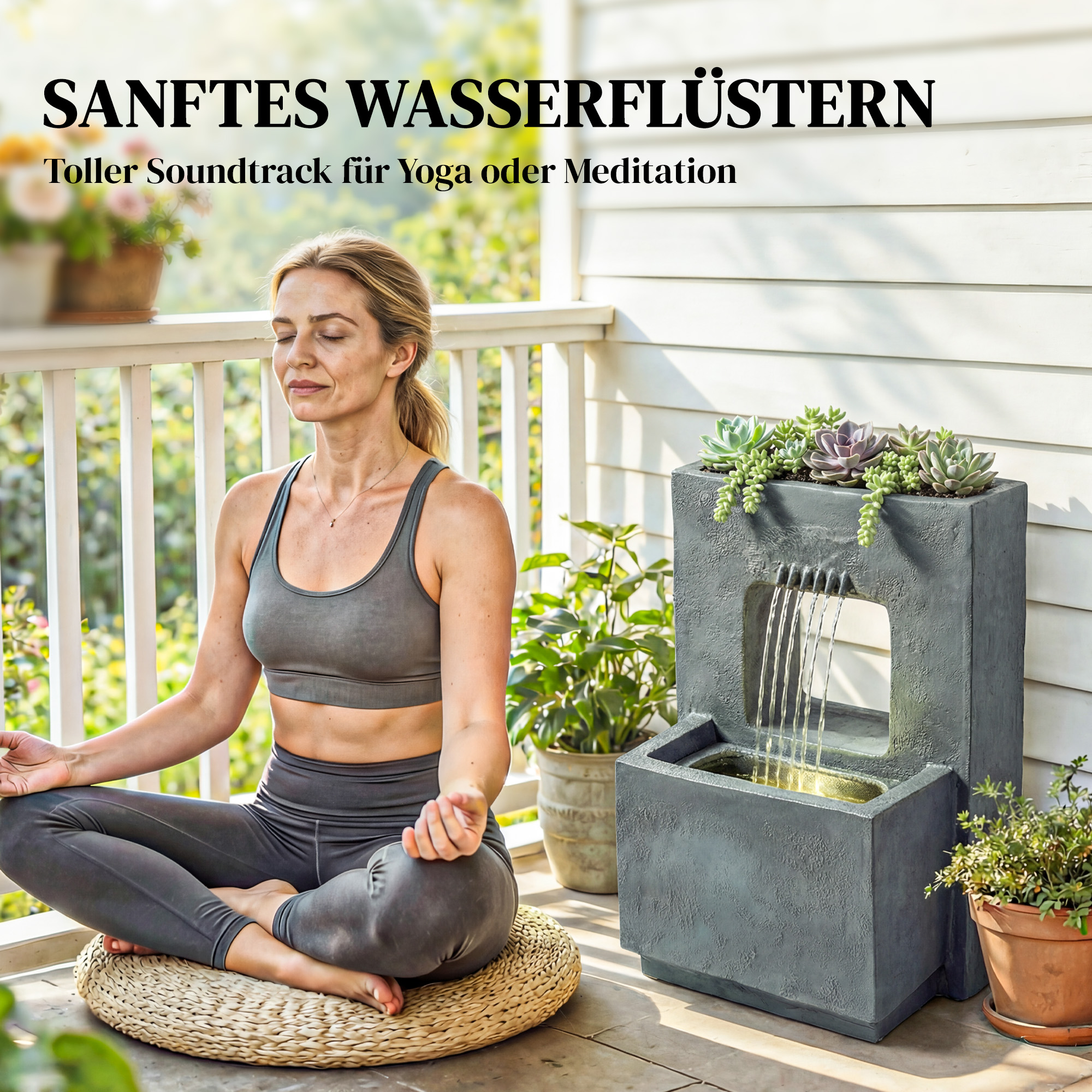 Springbrunnen 2-stufig Gartenbrunnen mit LED Beleuchtung Pflanzkübel Pumpe Steinoptik, Verstellbar 45 x 31,5 x 58,5 cm