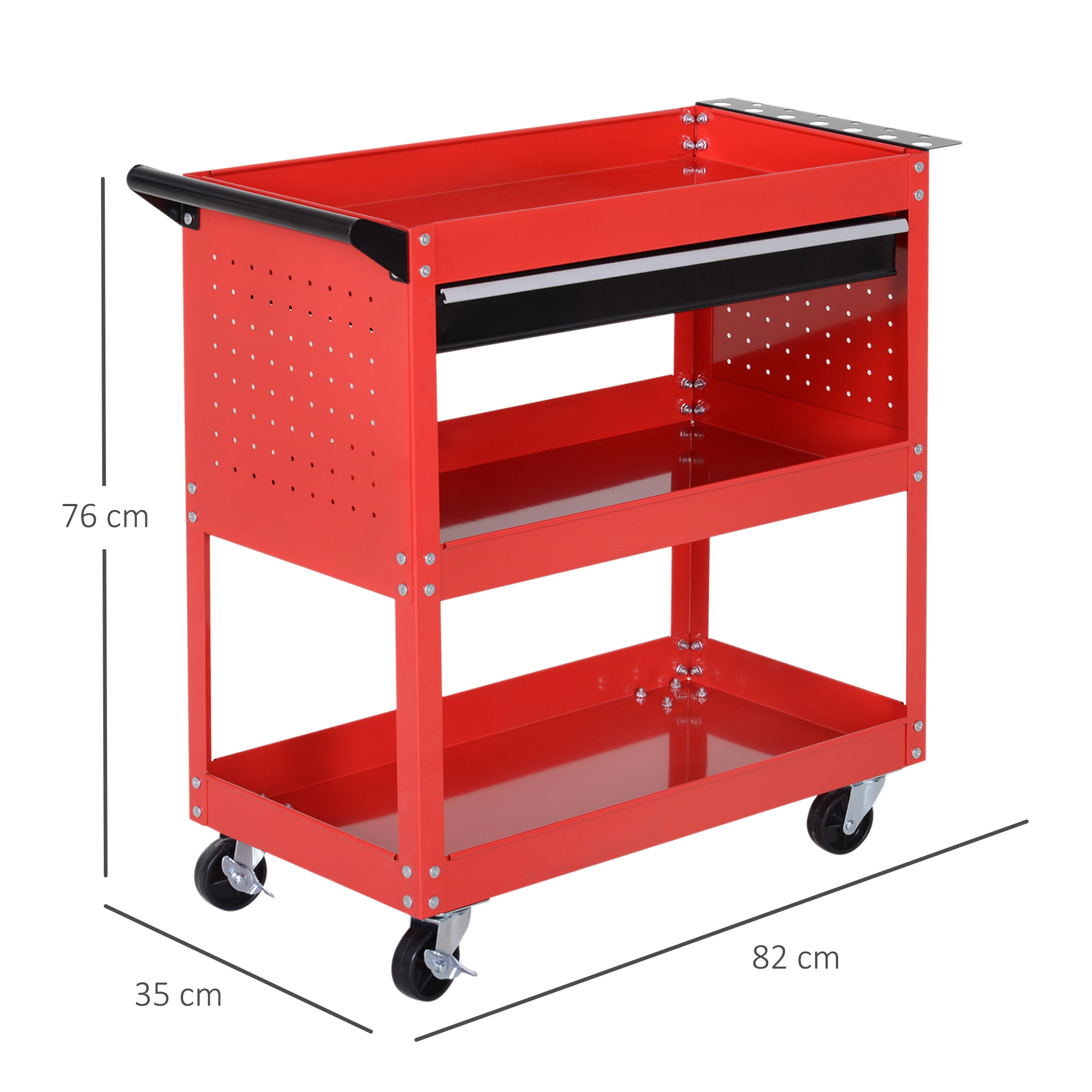 Werkzeugkoffer Werkzeugtrolley Werkzeugbox, 3 Ebenen, 4 Rollen, 82 cm x 35 cm x 76 cm, Rot