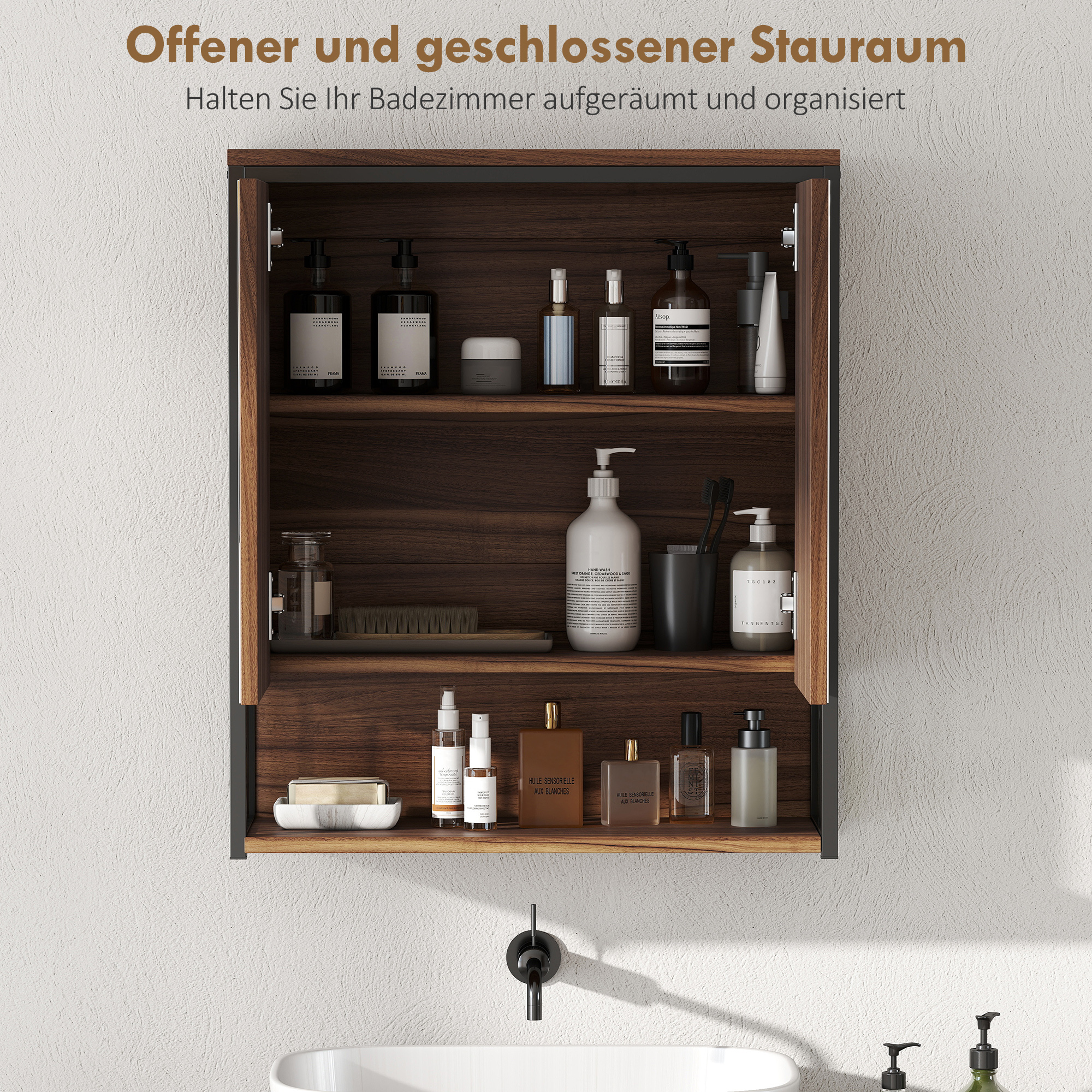 Hängender Spiegelschrank für Badezimmer, Badschrank aus MDF, Spanplatte, Braun