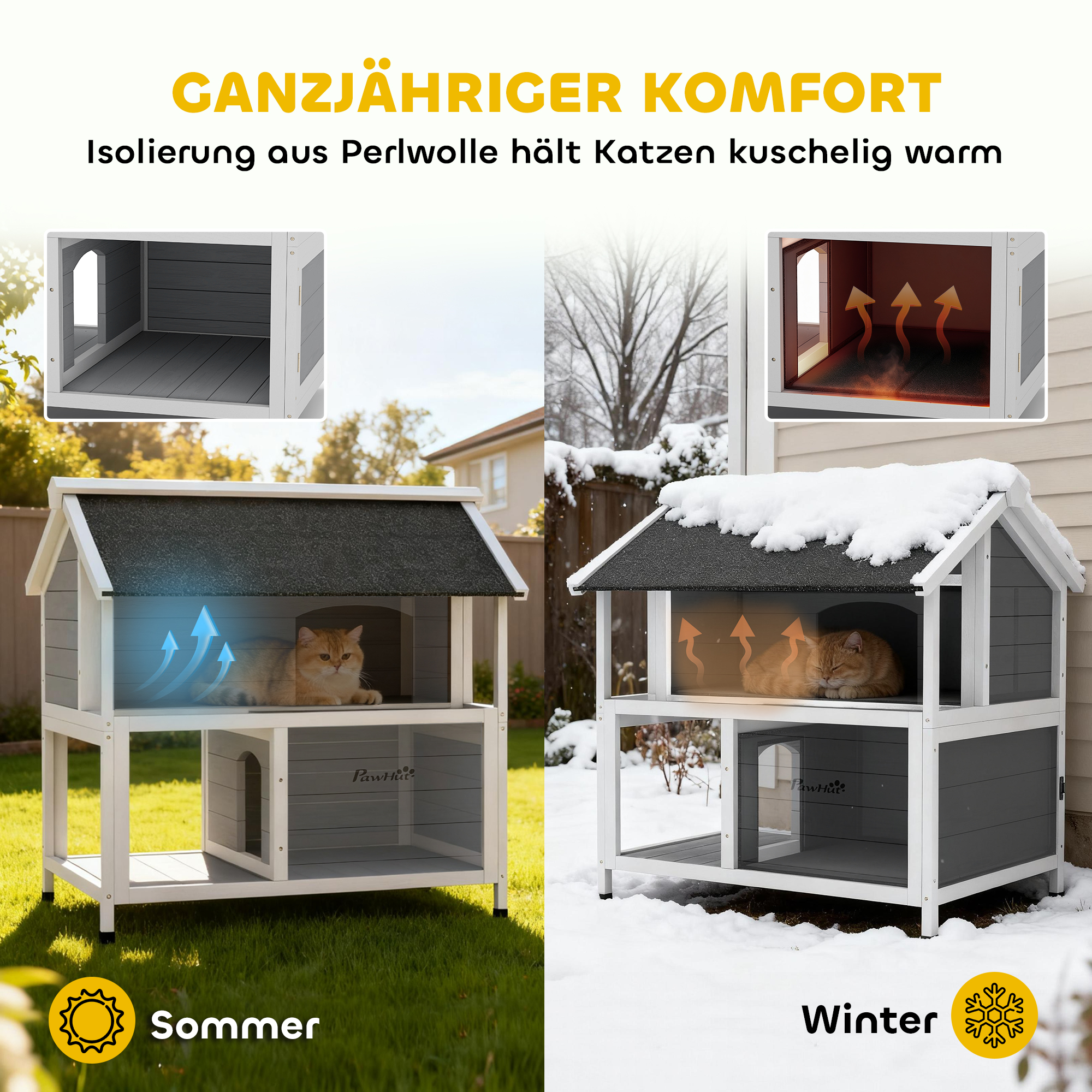 Outdoor-Katzenhaus, Katzenzuflucht für den Außenbereich, wasserfest, aufklappbares Dach, Fichtenholz, 80 x 93 x 95, Grau