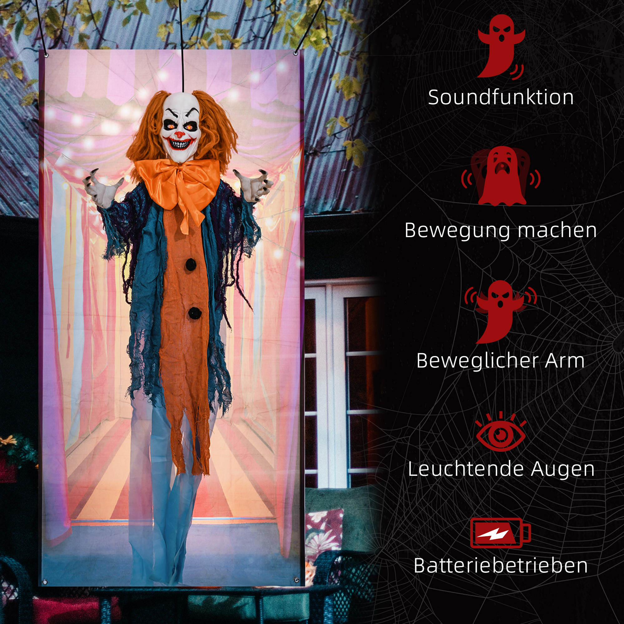 Horrorclown, Helloweendeko, aktiviert mit Geräusche/Berührung, rote Augen, Sound, 168 cm