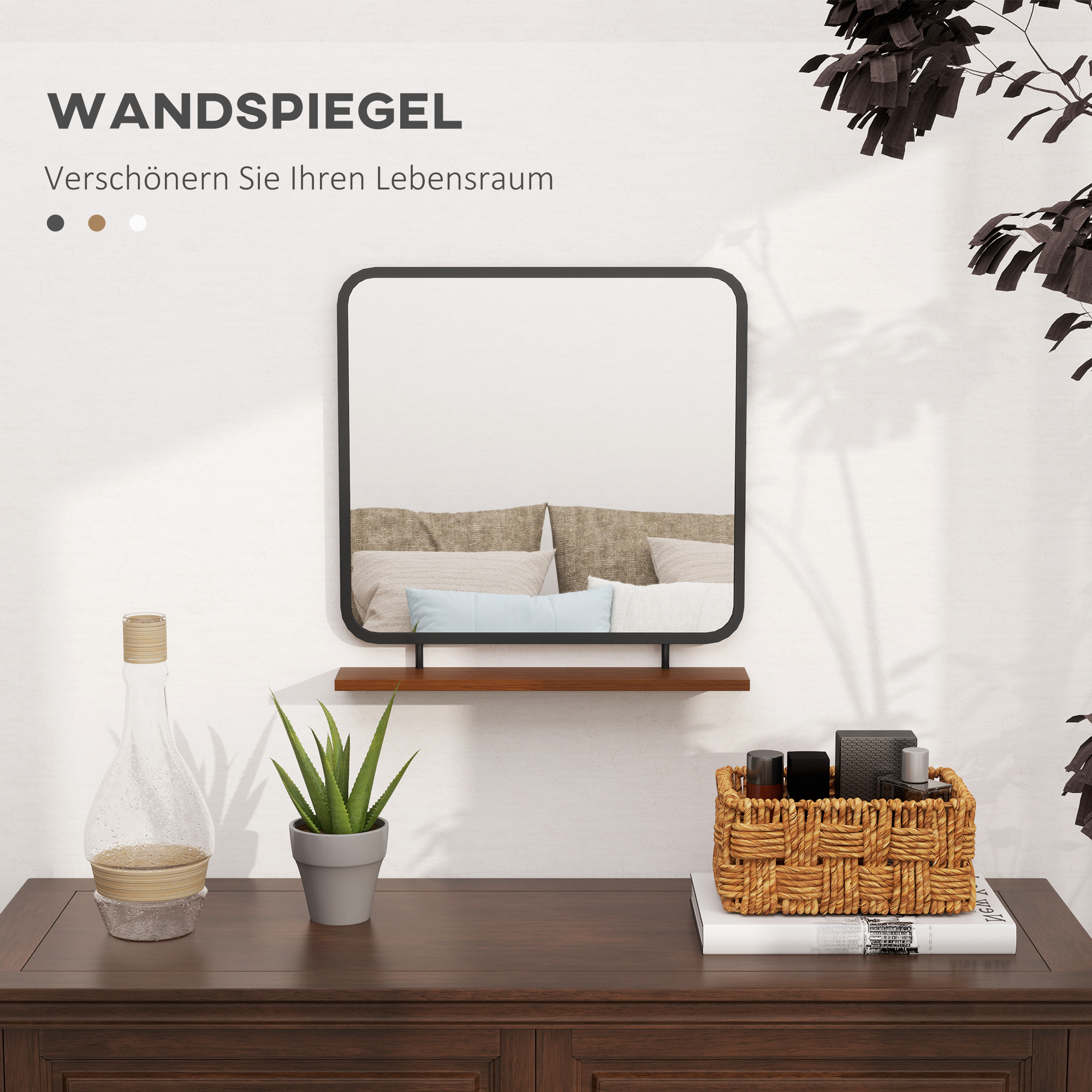 Wandspiegel mit Ablage, Vintage-Design, Metallrahmen, Paulownia-Holz, 55 x 55,5 cm, Schwarz/Holz