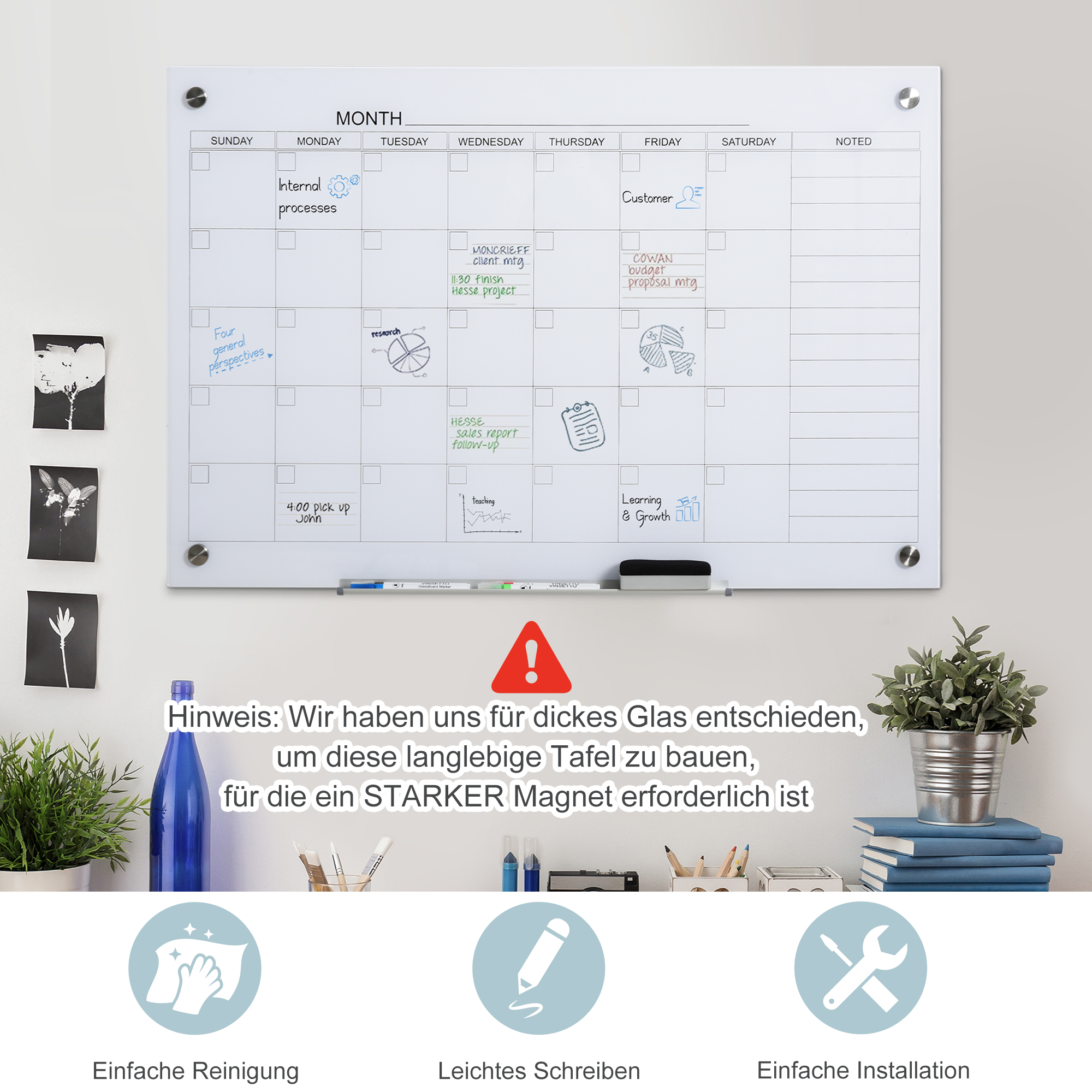 Whiteboard Whiteboard Kalender für Organisation Ferienpläne und Monatsplanungen inkl, 1 Stifthalter, 4 Marker & Radierer 90 x 60 cm