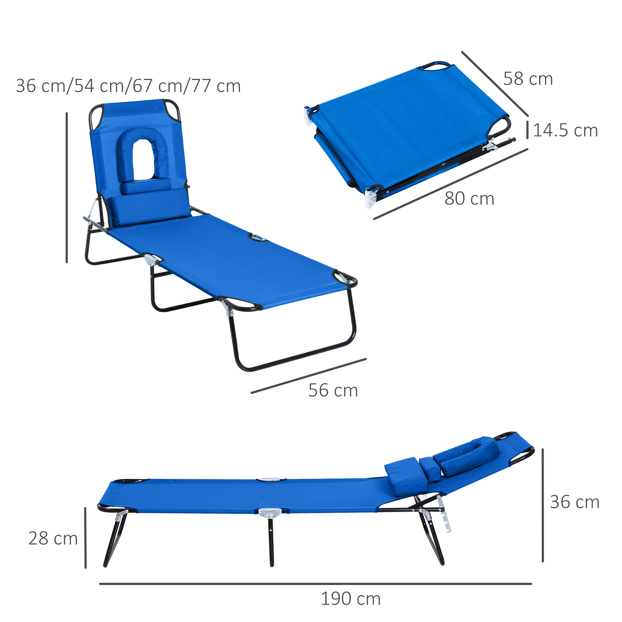 Sonnenliege klappbar Gartenliege mit Kopfkissen Liegestuhl mit 4-Fach verstellbare Rückenlehne Campingliege mit Lesefenster Gartenstuhl bis 120kg belastbar für Garten, Balkon geeignet Blau