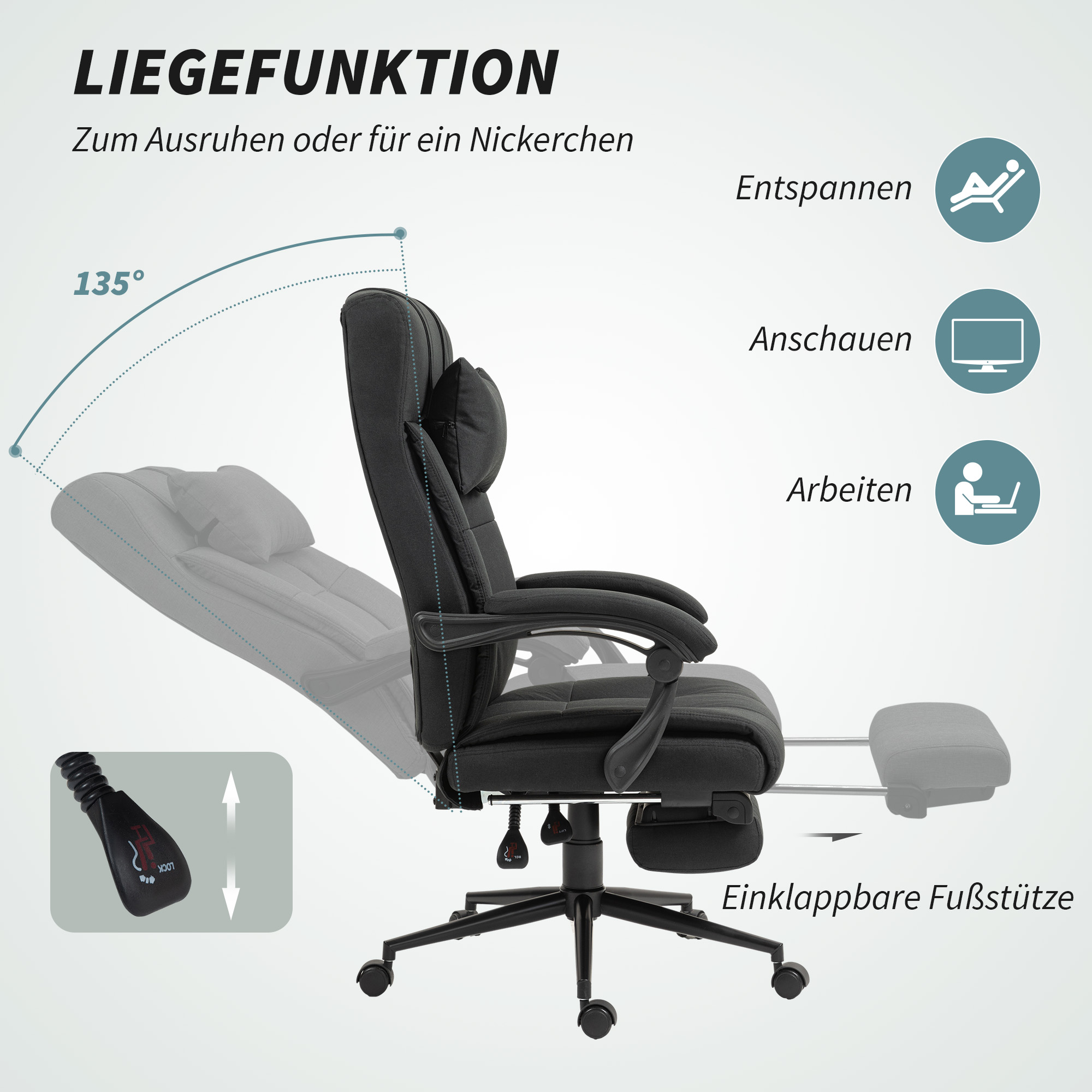 Bürostuhl mit Fußstütze, Schreibtischstuhl, Drehstuhl mit Kopfstütze, Schwarz