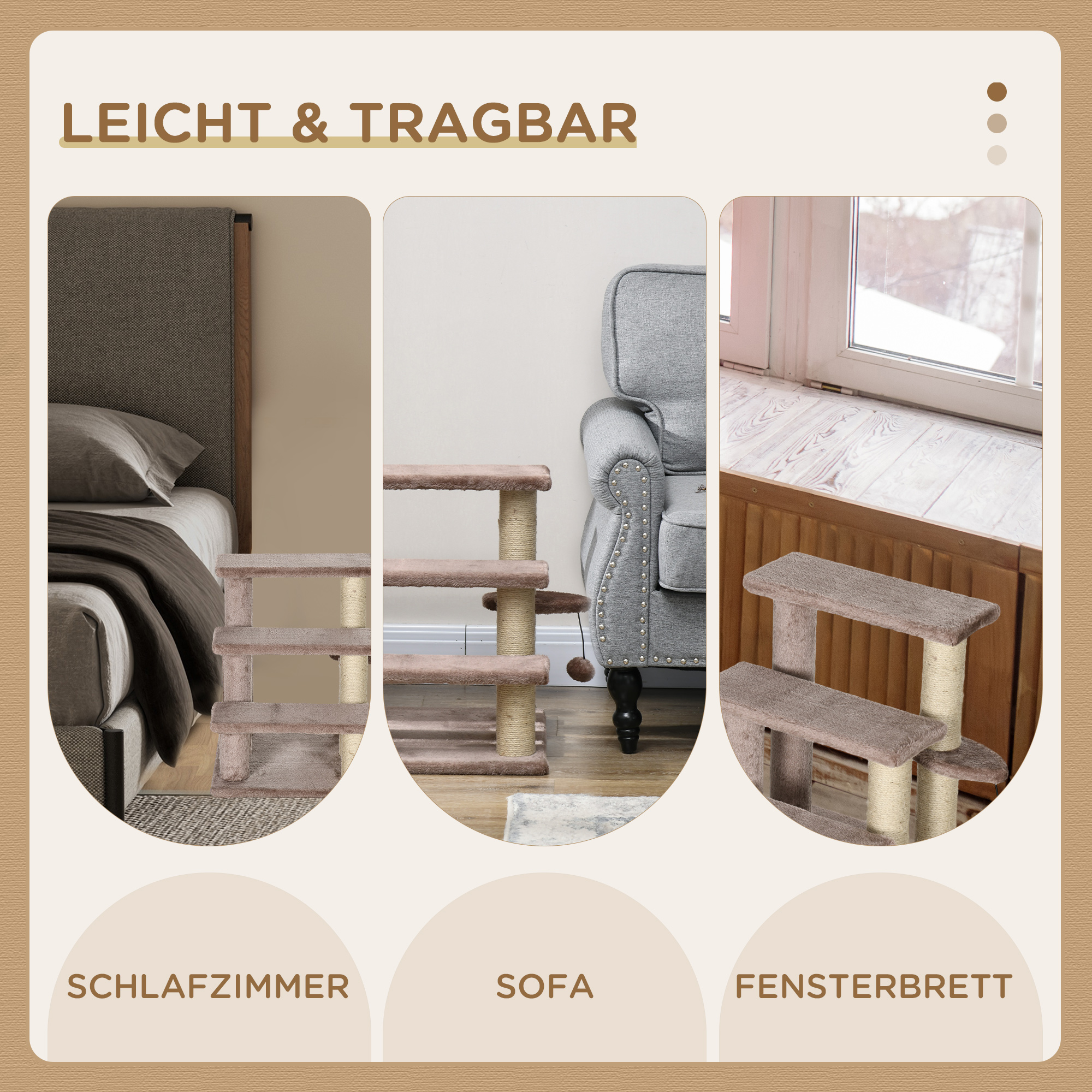 Kratzbaum, Haustiertreppe, 3 Stufen, Spielball, bis 5 kg, 45x40x48cm, Braun