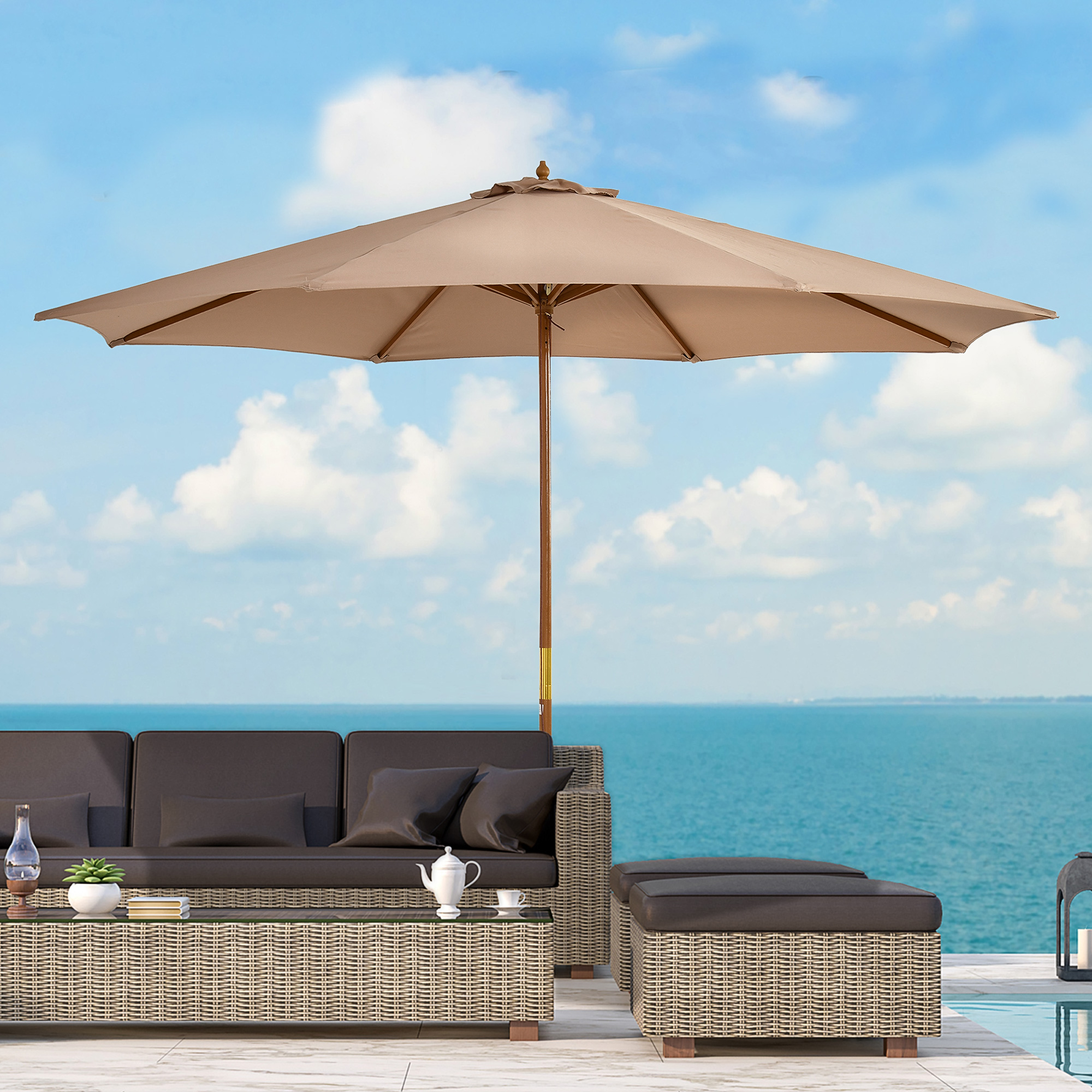 Sonnenschirm Ø 300 cm, Sonnenschirm mit UV Schutz Balkonschirm aus Holz Strandschirm stabil Marktschirm Sonnenschutz für Strand Terrasse Garten, Khaki