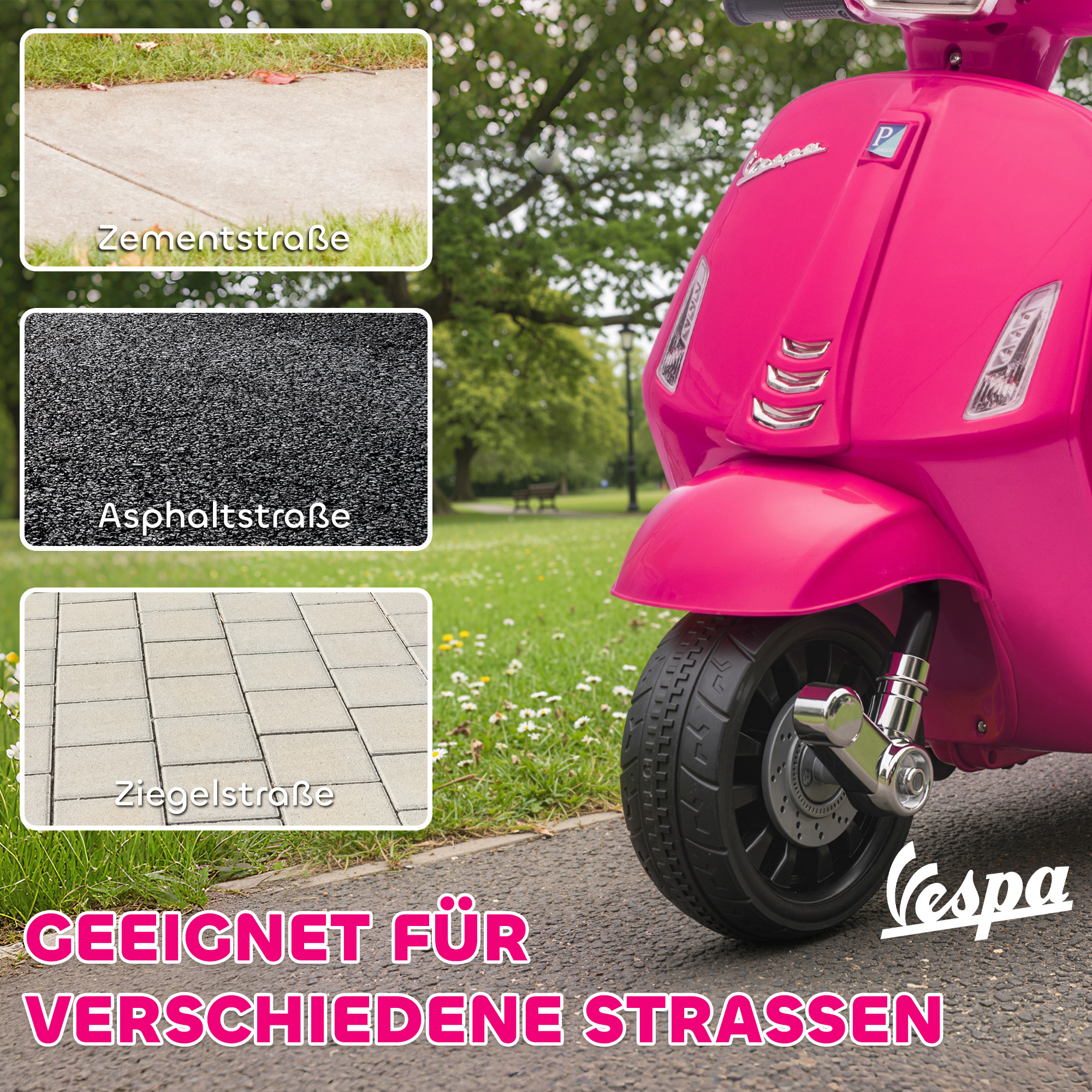 Elektro-Motorrad Kinder Vespa 6V Elektromotorrad mit Stützrädern, Scheinwerfer, Hupe für 2-6 Jahre 71 x 37 x 52 cm Rosa