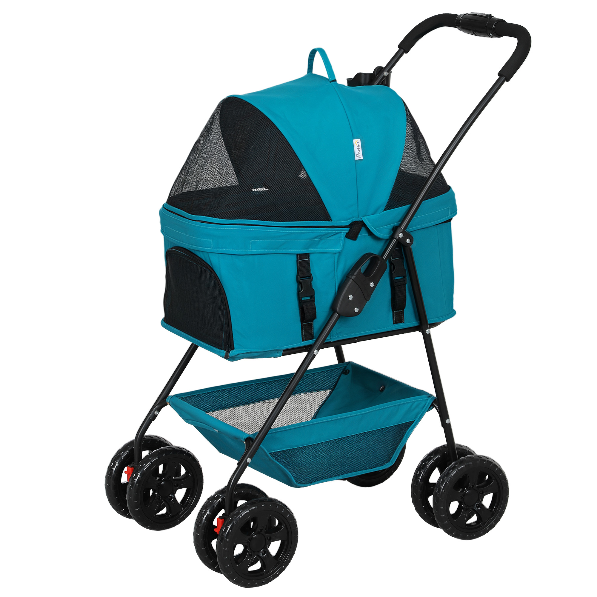 3-in-1-Haustierkinderwagen, zusammenklappbarer Hundewagen mit 4 Rädern und abnehmbarer Trage für Hunde und Katzen Türkis