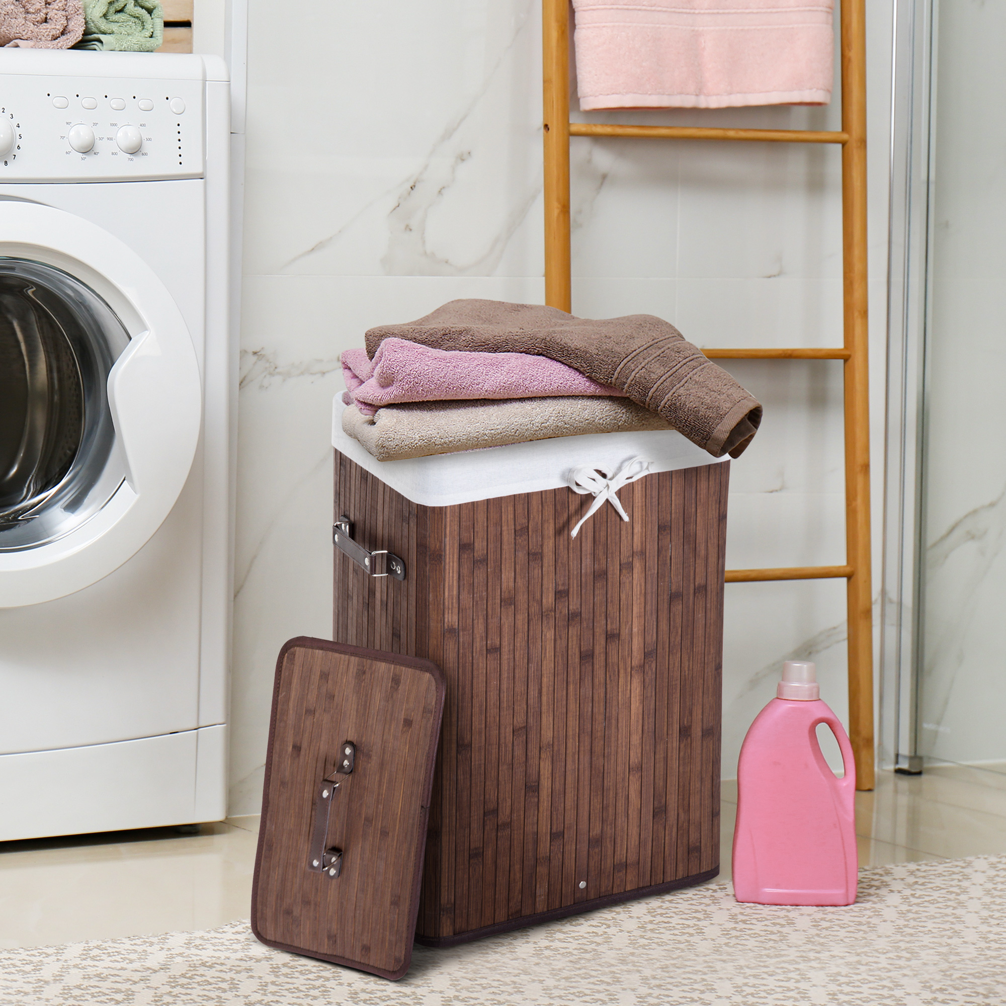 Wäschekorb schmal mit Deckel 72L Wäschesammler mit Griff, herausnehmbarer Wäschesack, Wäschebox für Waschküche Schlafzimmer Badezimmer, Dunkelbraun