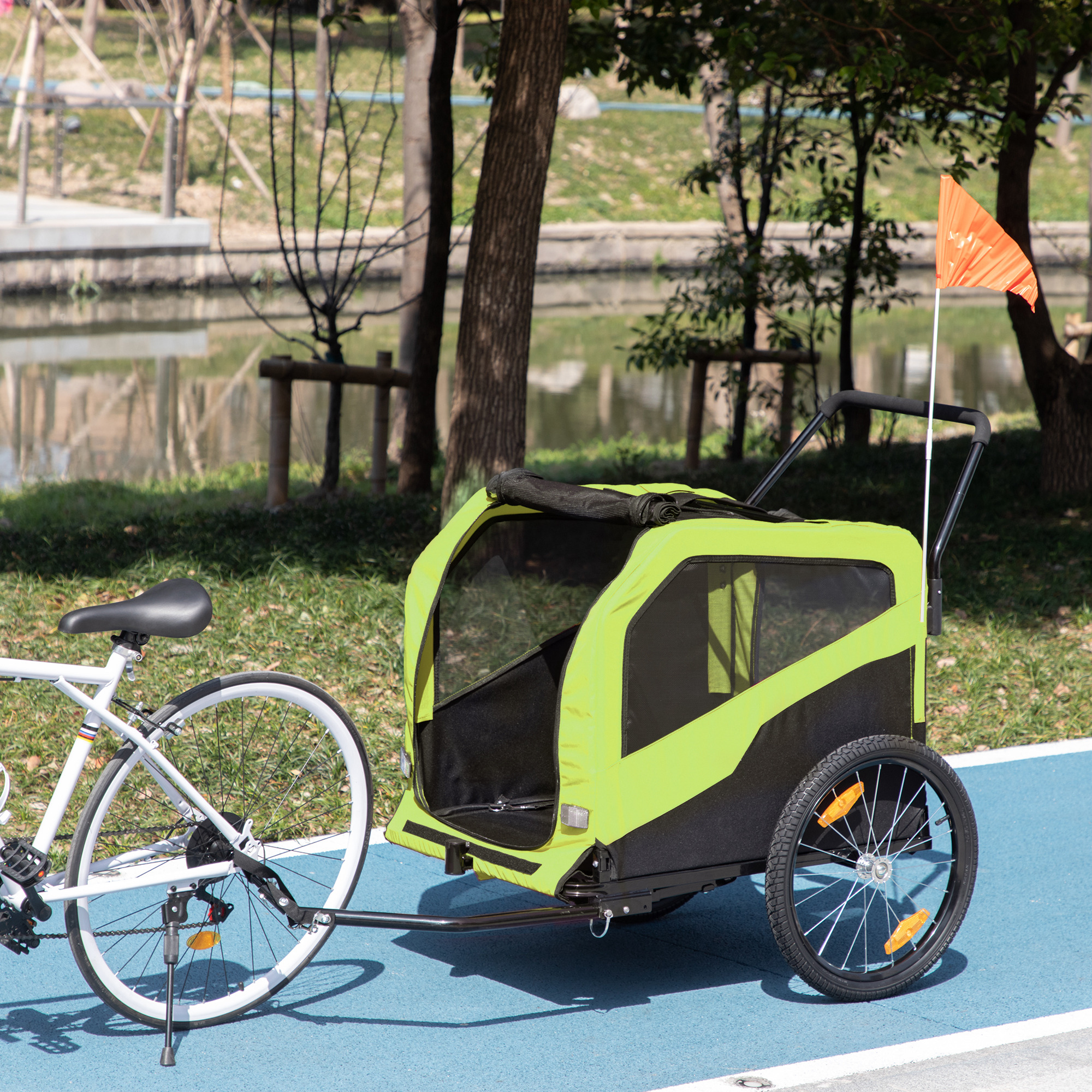 2in1 Hundeanhänger, Schiebefunktion, 2 Eingänge, Netzfenster, Sonnenschutz, Stahlrahmen, grün, 170 x 77 x 90 cm